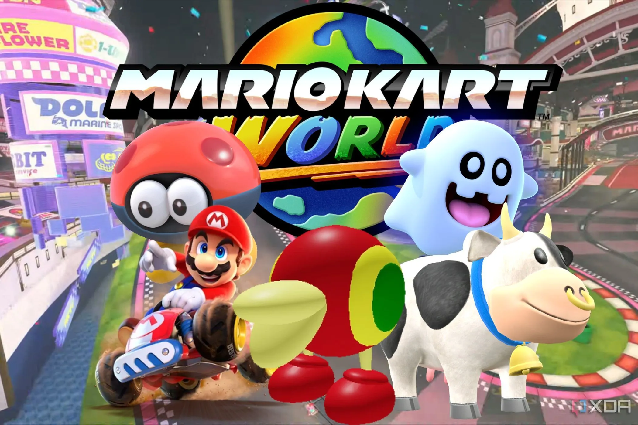 Logo của Mario Kart World cùng hình ảnh các nhân vật ít phổ biến hơn, nhấn mạnh sự đa dạng nhân vật mới