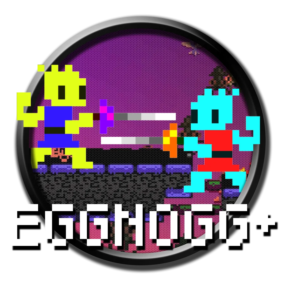 Logo game đối kháng kiếm thuật Eggnogg+ với phong cách đồ họa pixel đơn giản