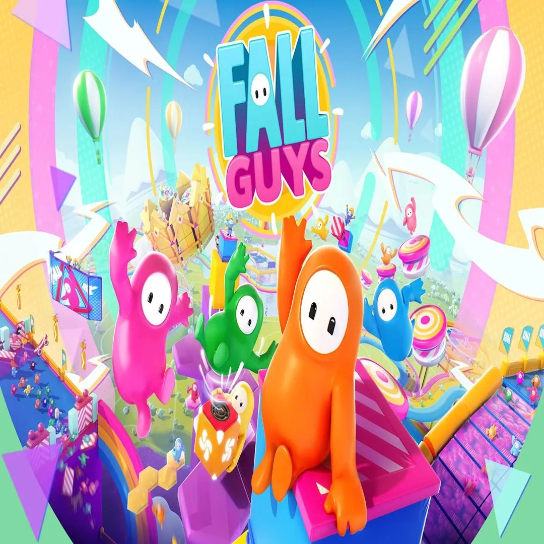 Logo game Fall Guys với hình ảnh các nhân vật &quot;đậu&quot; dễ thương, đại diện cho tựa game Battle Royale vui nhộn cấu hình thấp