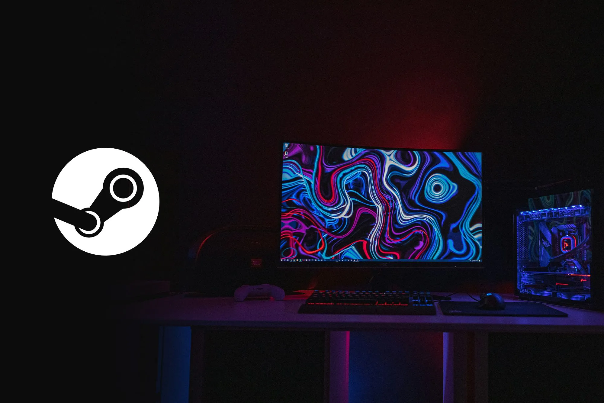 Logo Steam nổi bật trên màn hình máy tính chơi game cong