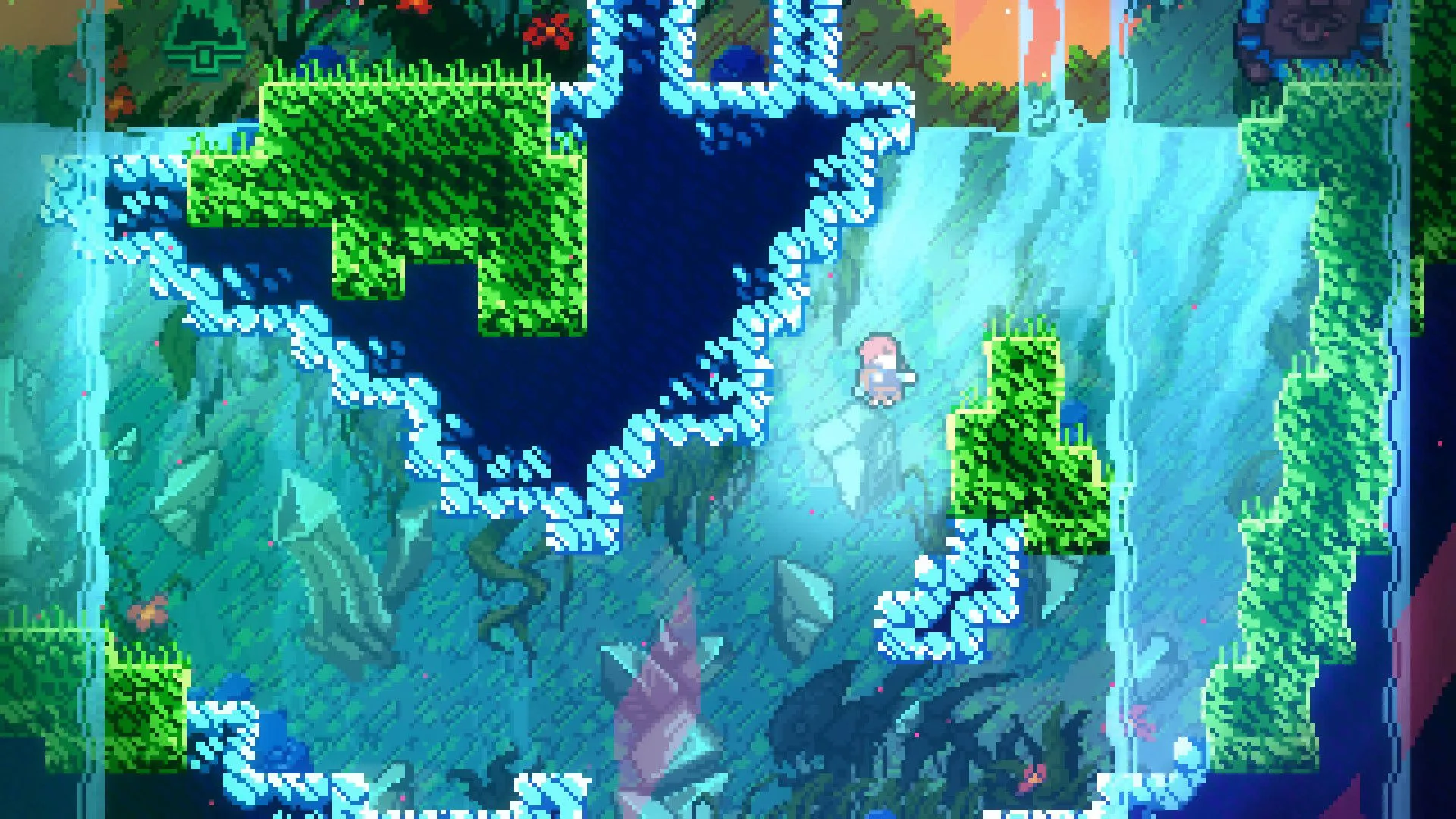 Madeline trong game Celeste đang nhảy về phía một nền tảng màu xanh lá cây trong hang động ngầm.
