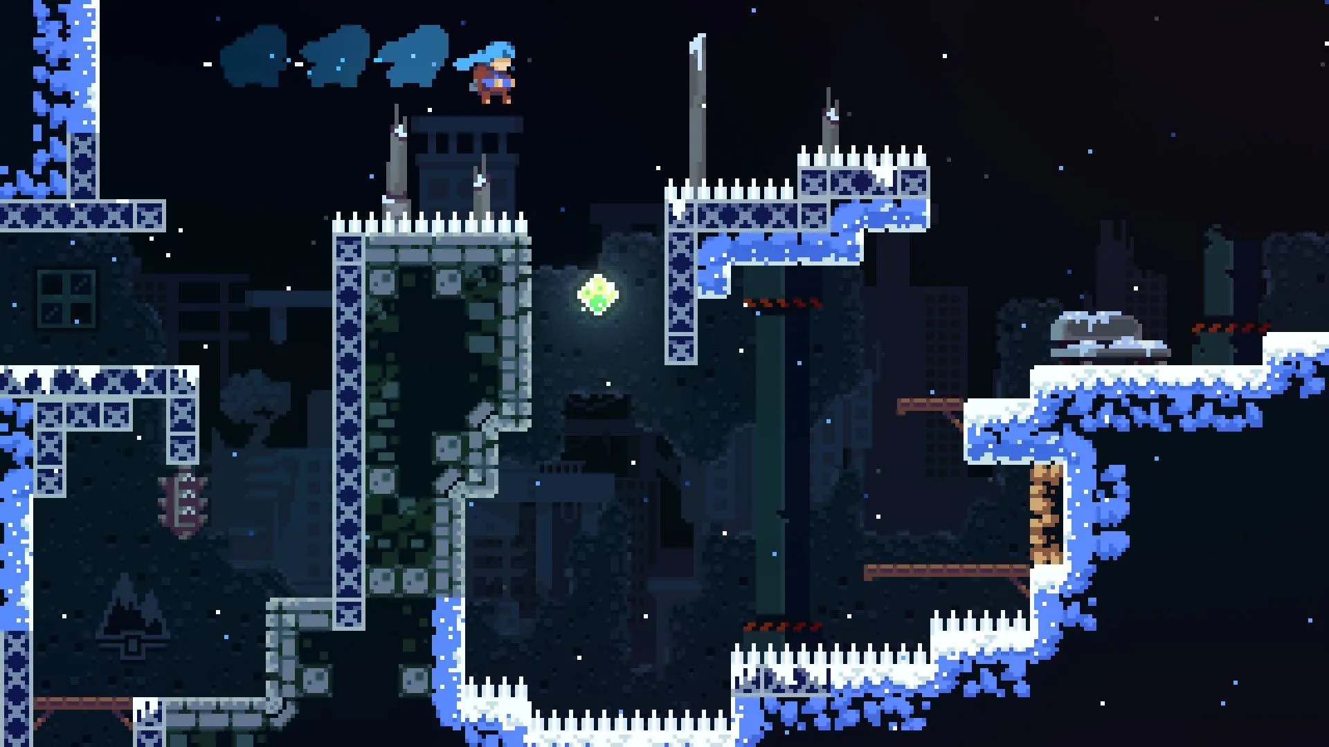 Madeline trong game Celeste thực hiện cú lướt trên không để tránh gai nhọn trong màn chơi đầy tuyết.