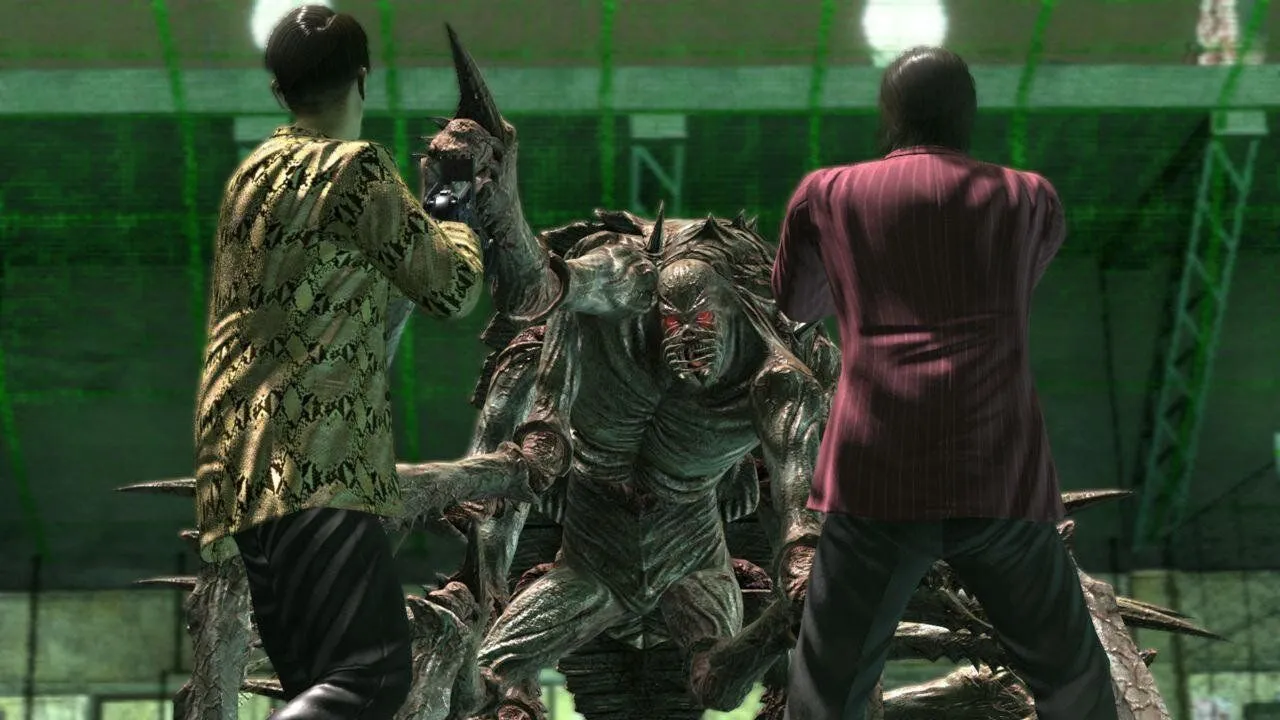 Majima Goro bắn zombie trong Yakuza: Dead Souls