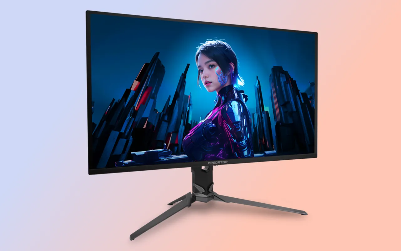 Màn hình Acer Predator X32 X2 với thiết kế chuyên nghiệp, viền mỏng và chân đế vững chắc, hiển thị rõ nét công nghệ QD-OLED tần số quét cao dành cho game thủ.