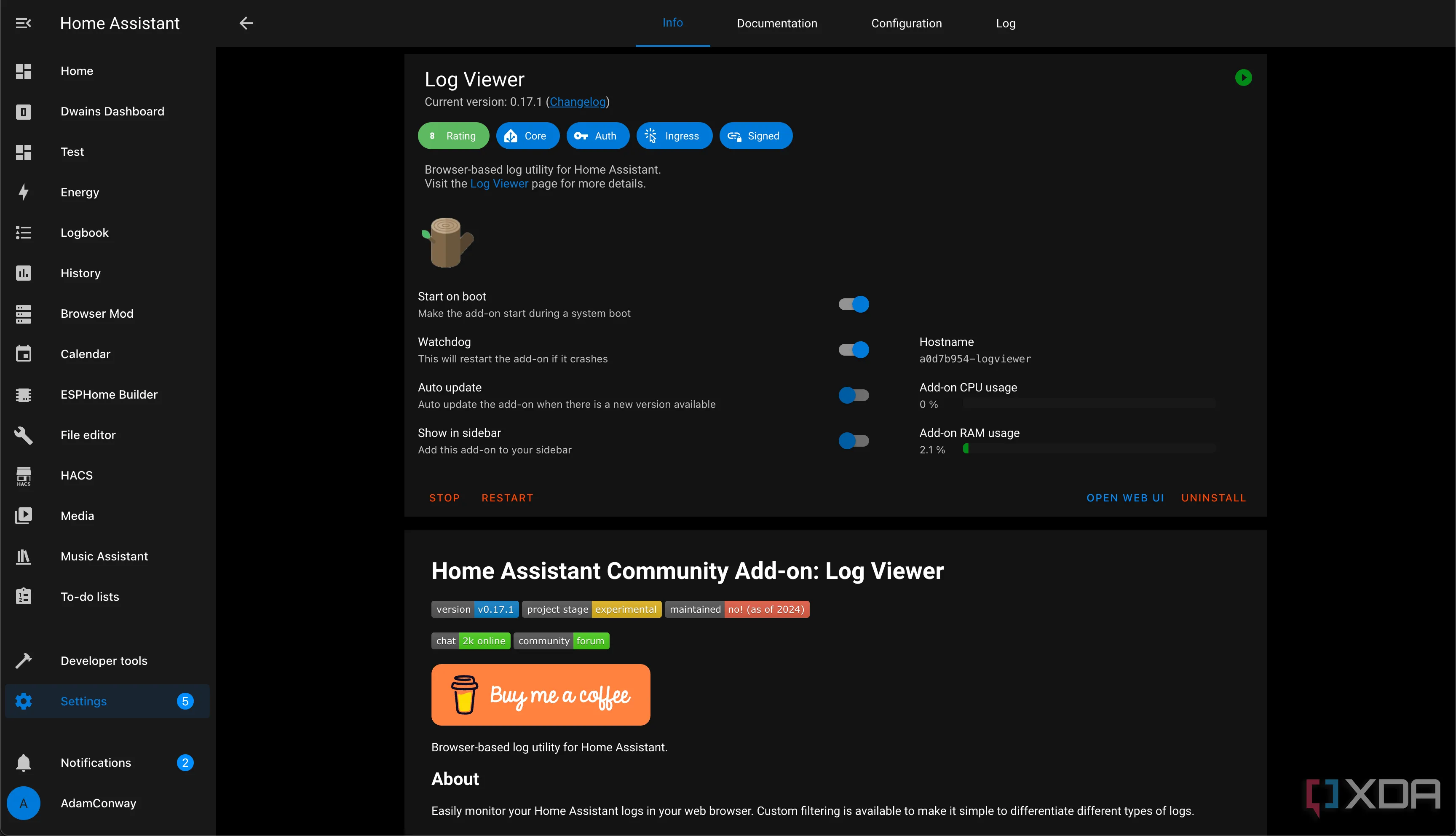 Màn hình Add-on Log Viewer của Home Assistant hiển thị các bản ghi hệ thống với khả năng lọc và cập nhật thời gian thực để gỡ lỗi.