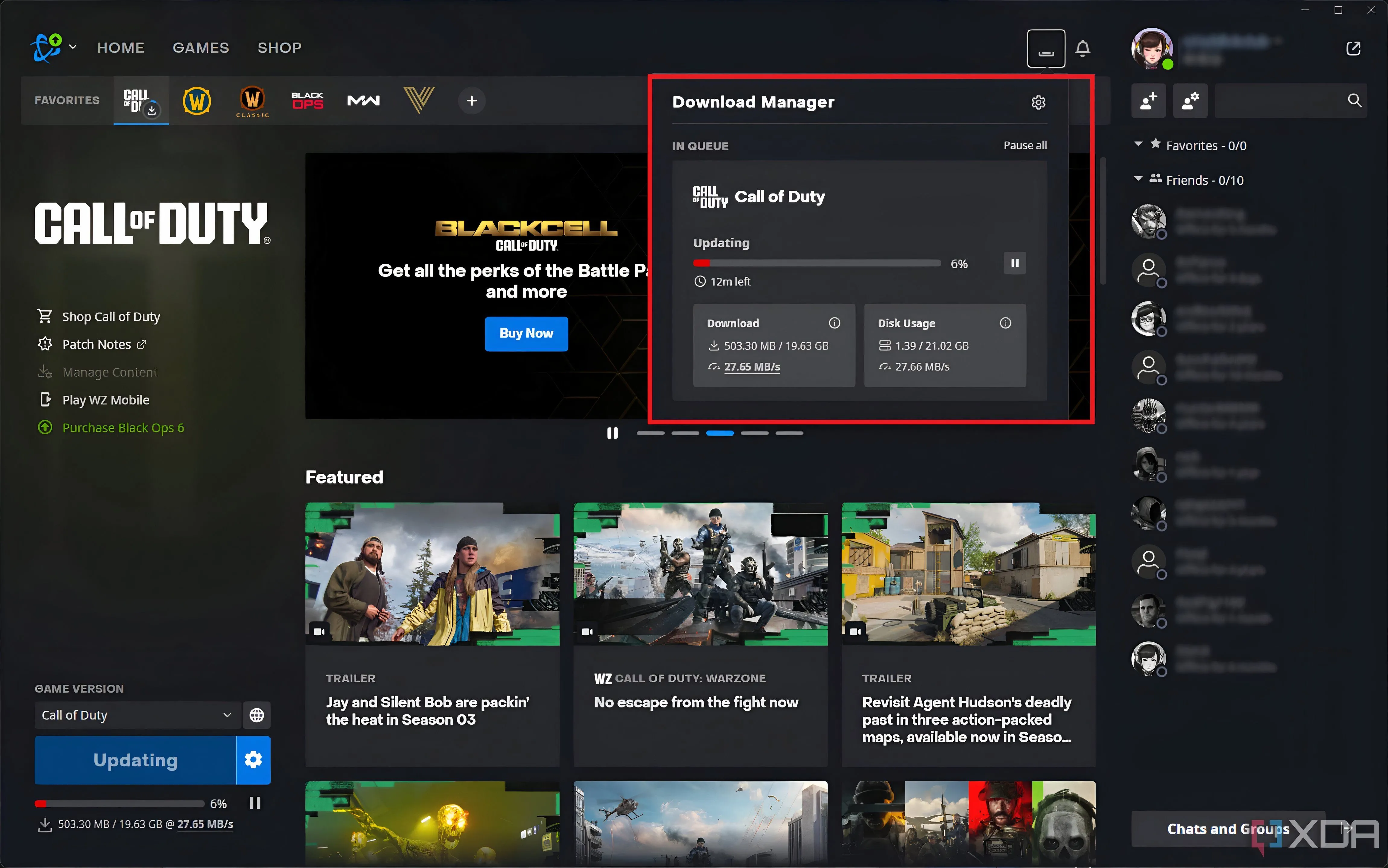 Màn hình Battle.net launcher hiển thị quá trình cập nhật cho Call of Duty: Modern Warfare, với thanh tiến trình tải xuống.