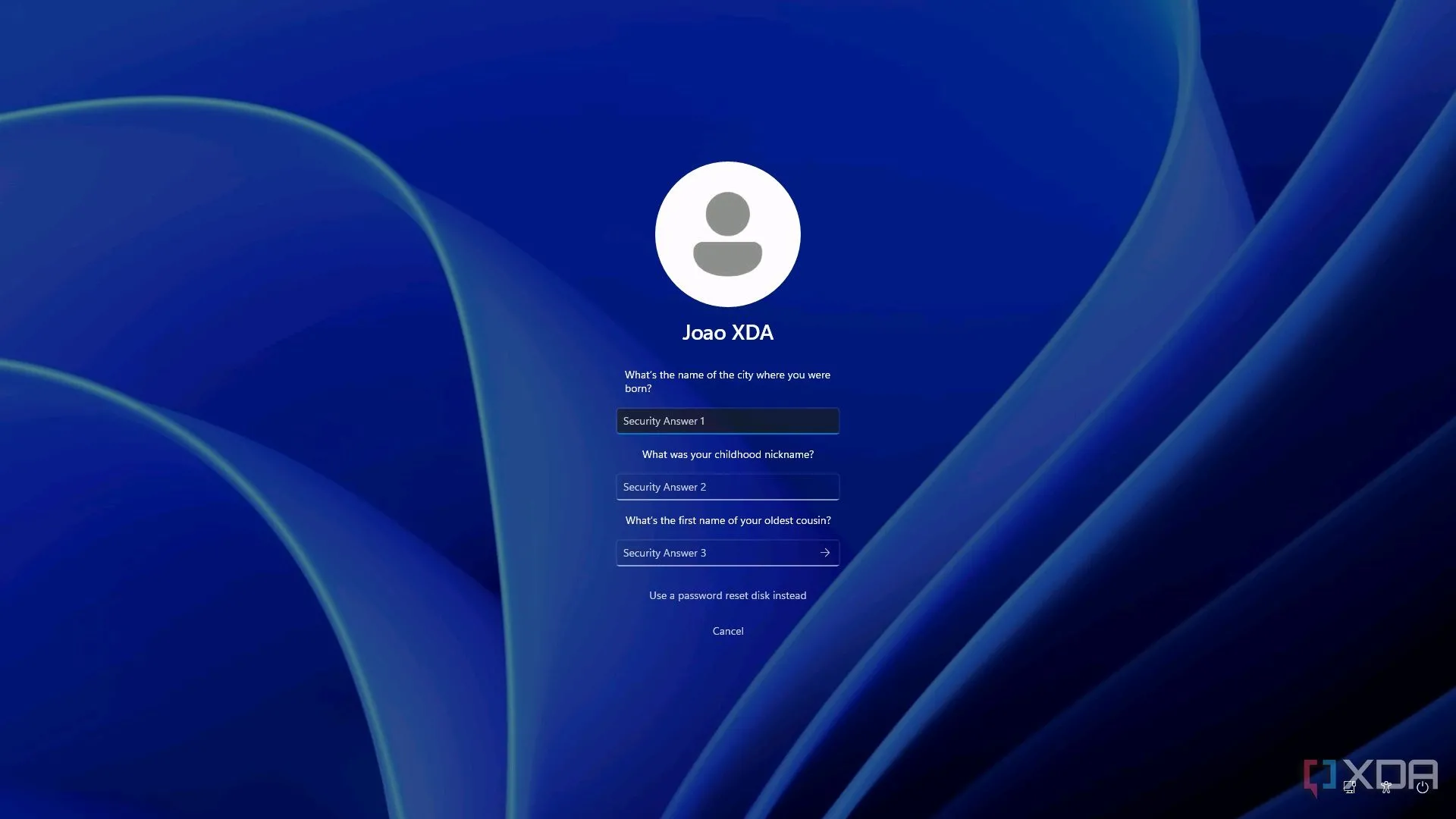 Màn hình cài đặt đặt lại mật khẩu cho tài khoản cục bộ trên Windows 11.