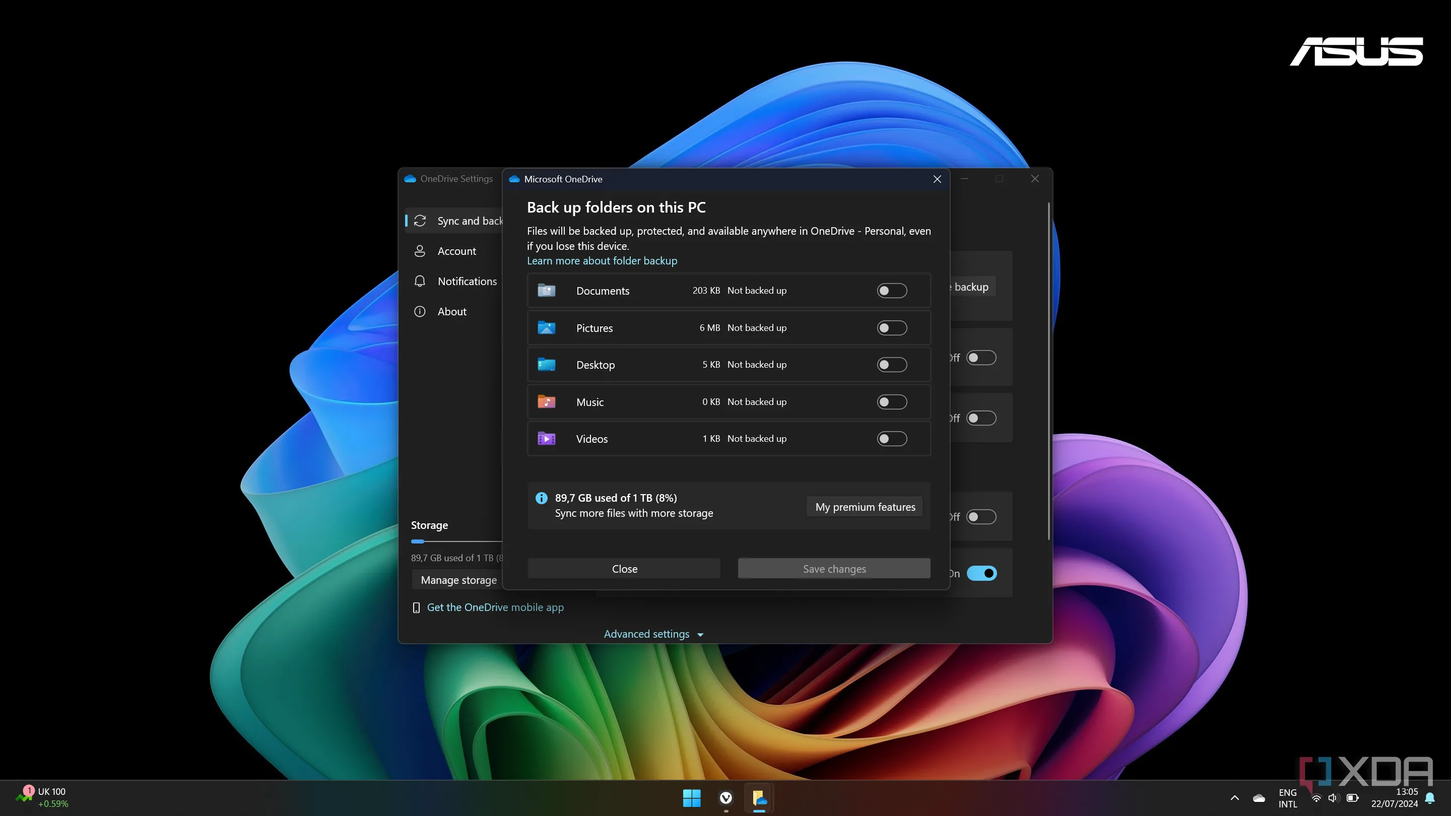 Màn hình cài đặt OneDrive trên Windows 11 hiển thị các tùy chọn sao lưu thư mục đã tắt