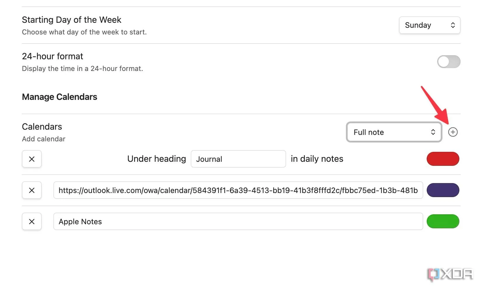 Màn hình cài đặt plugin Full Calendar trong Obsidian, hướng dẫn tạo lịch tùy chỉnh mới với các tùy chọn màu sắc và thư mục lưu trữ.