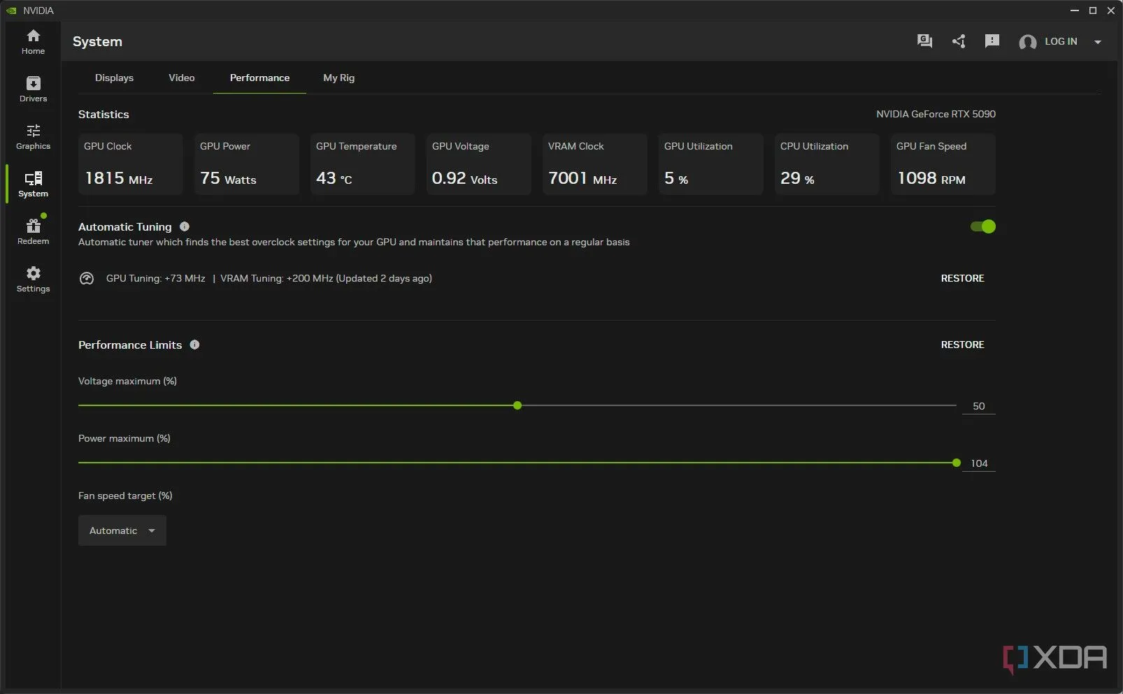 Màn hình cài đặt tính năng Ép xung tự động trong Nvidia App, cho phép người dùng tối ưu hiệu năng card đồ họa