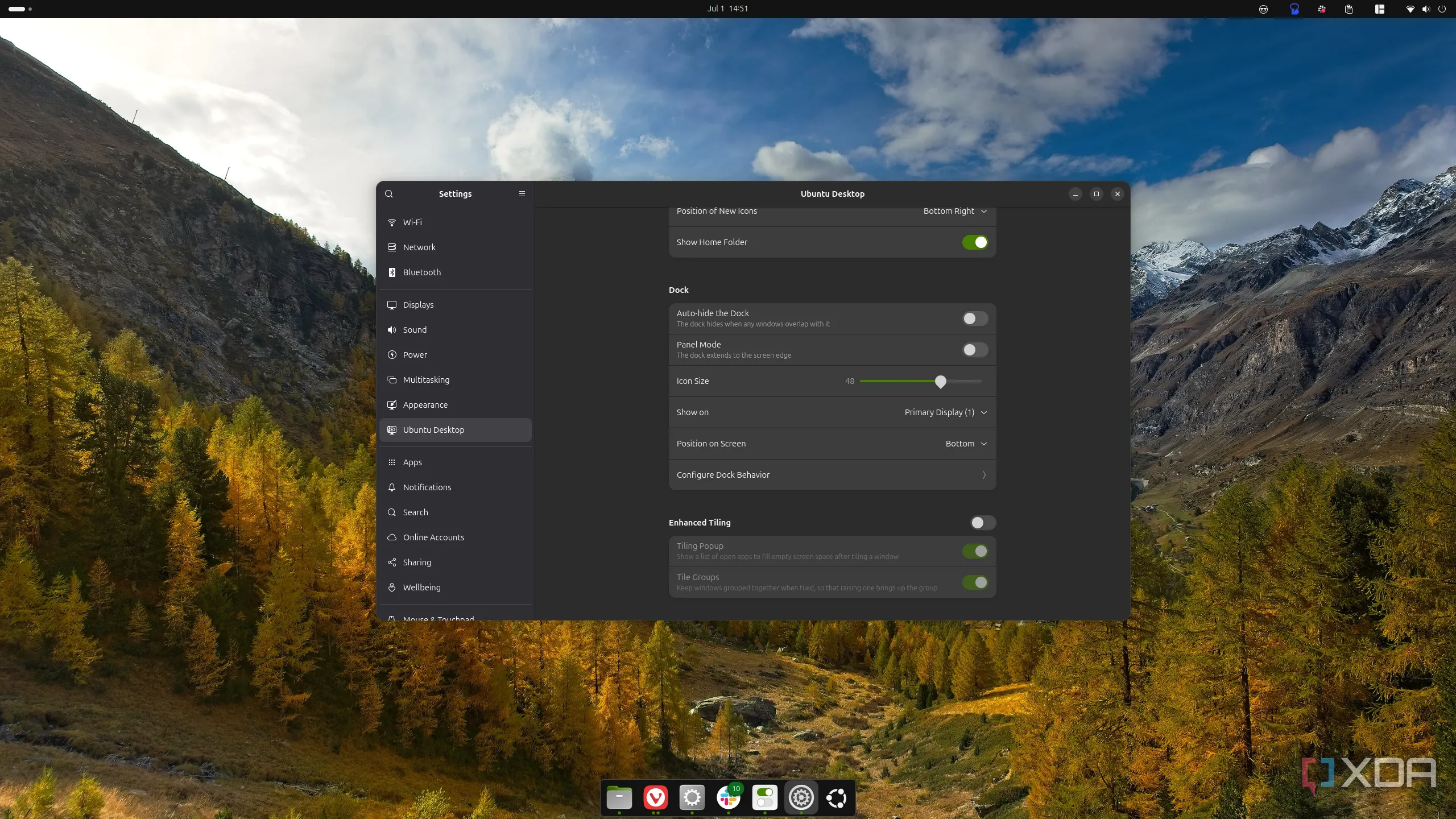 Màn hình cài đặt Ubuntu hiển thị các tùy chọn cấu hình dock, giúp người dùng tùy chỉnh vị trí thanh tác vụ