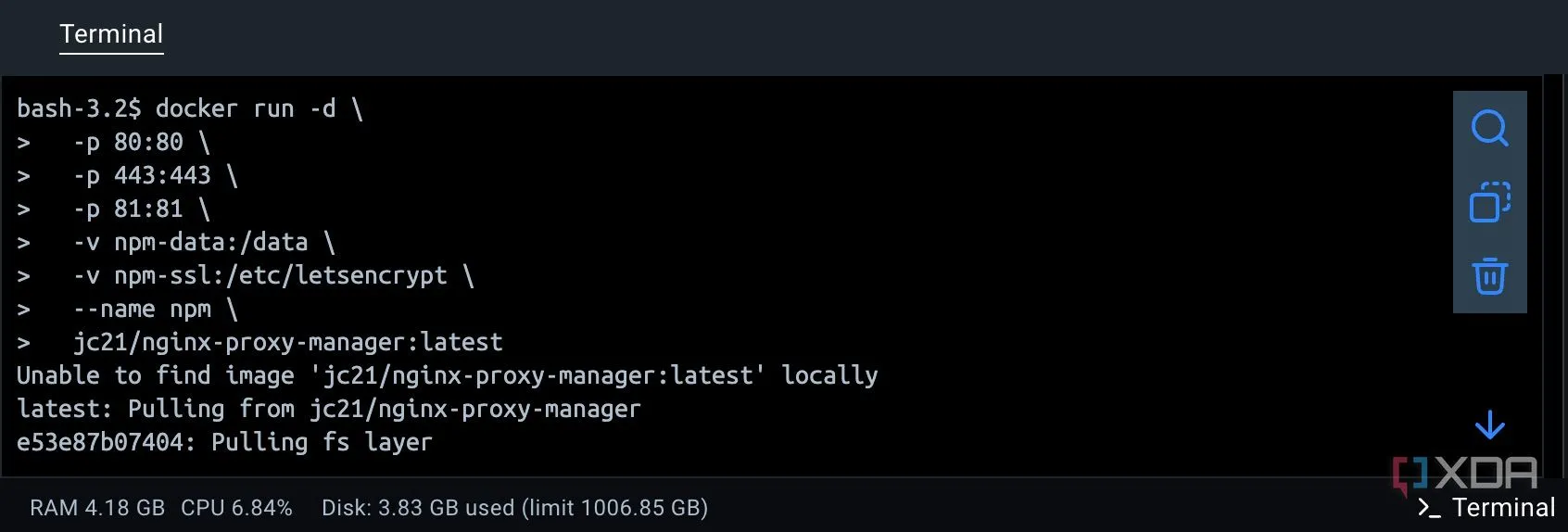 Màn hình cấu hình Nginx Proxy Manager trong môi trường Docker