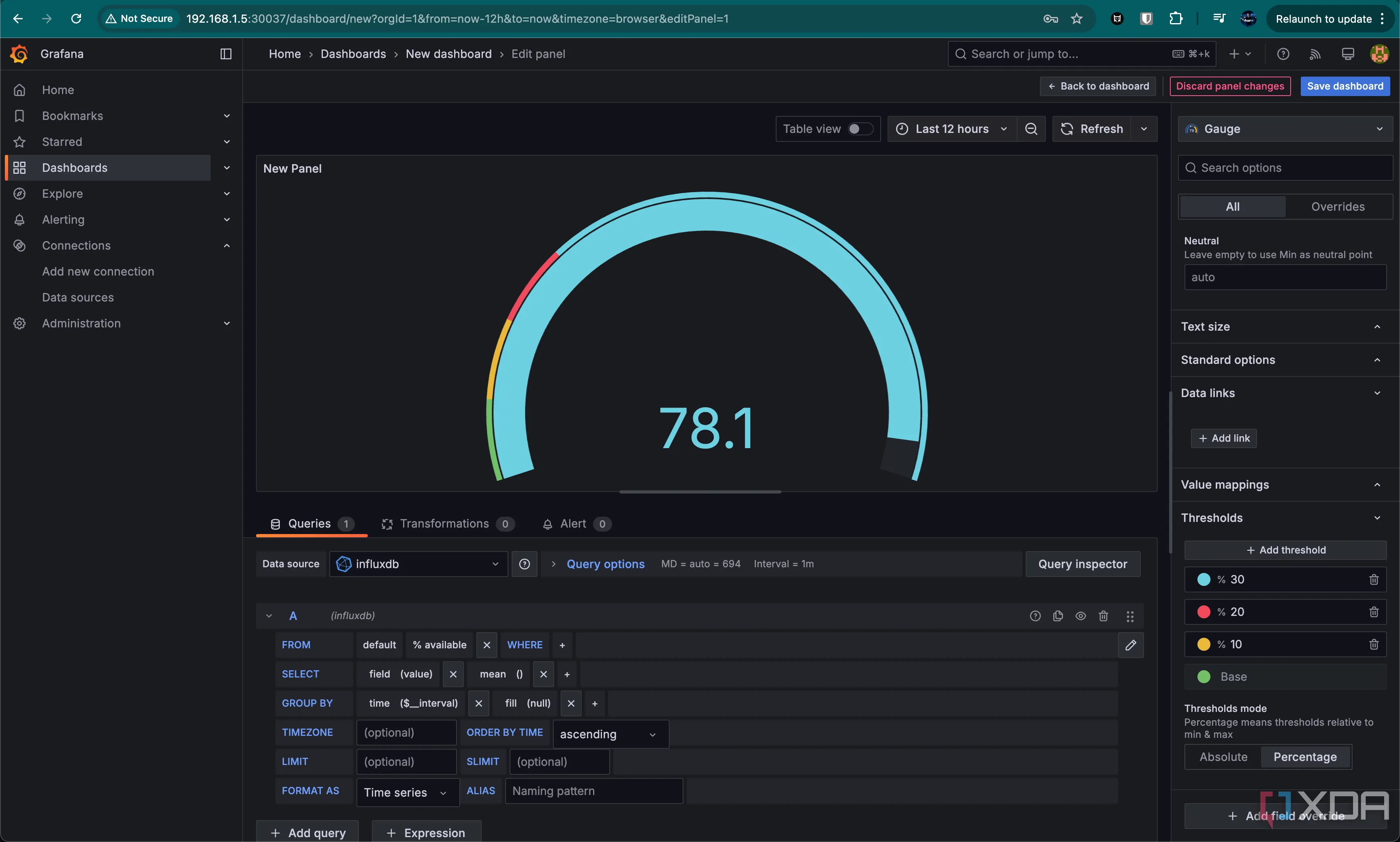 Màn hình cấu hình ngưỡng phần trăm và màu sắc cho biểu đồ Gauge trong Grafana, giúp trực quan hóa mức độ cảnh báo của dữ liệu. Cải thiện độ rõ ràng cho dashboard giám sát.