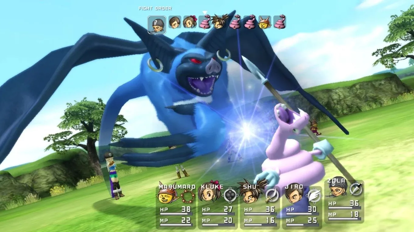 Màn hình chiến đấu trong Blue Dragon với nhân vật Shu và một con quái vật dơi khổng lồ