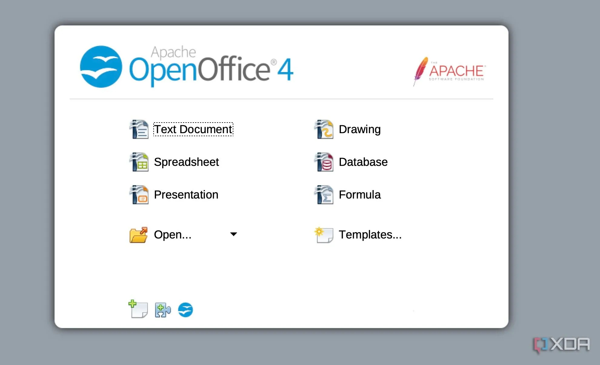 Màn hình chính của Apache OpenOffice với các tùy chọn tạo tài liệu