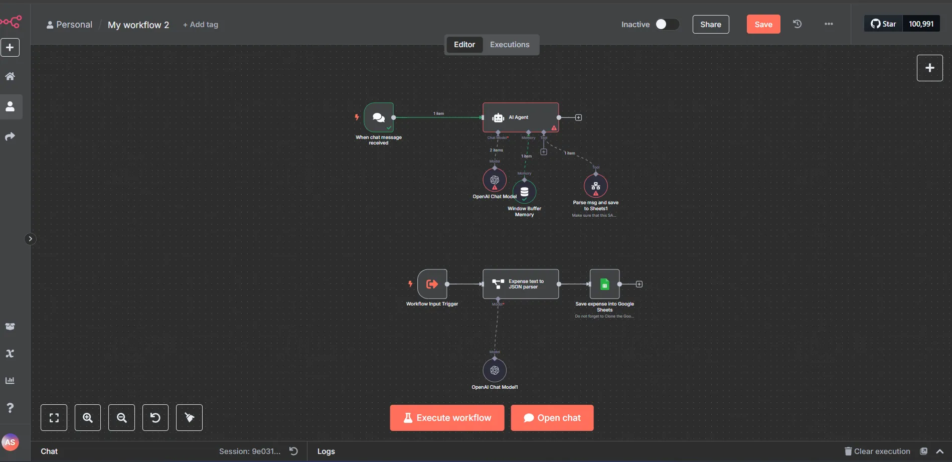 Màn hình chính n8n hiển thị các workflow tự động hóa đã tạo
