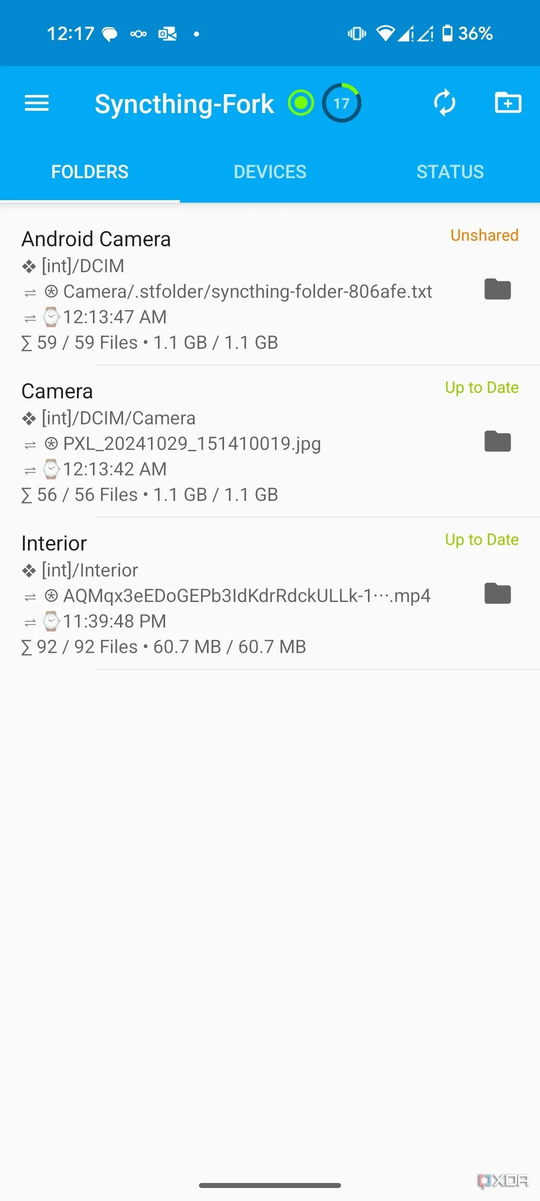 Màn hình chính ứng dụng Syncthing trên Android, thể hiện sự đơn giản nhưng cần thiết lập ban đầu