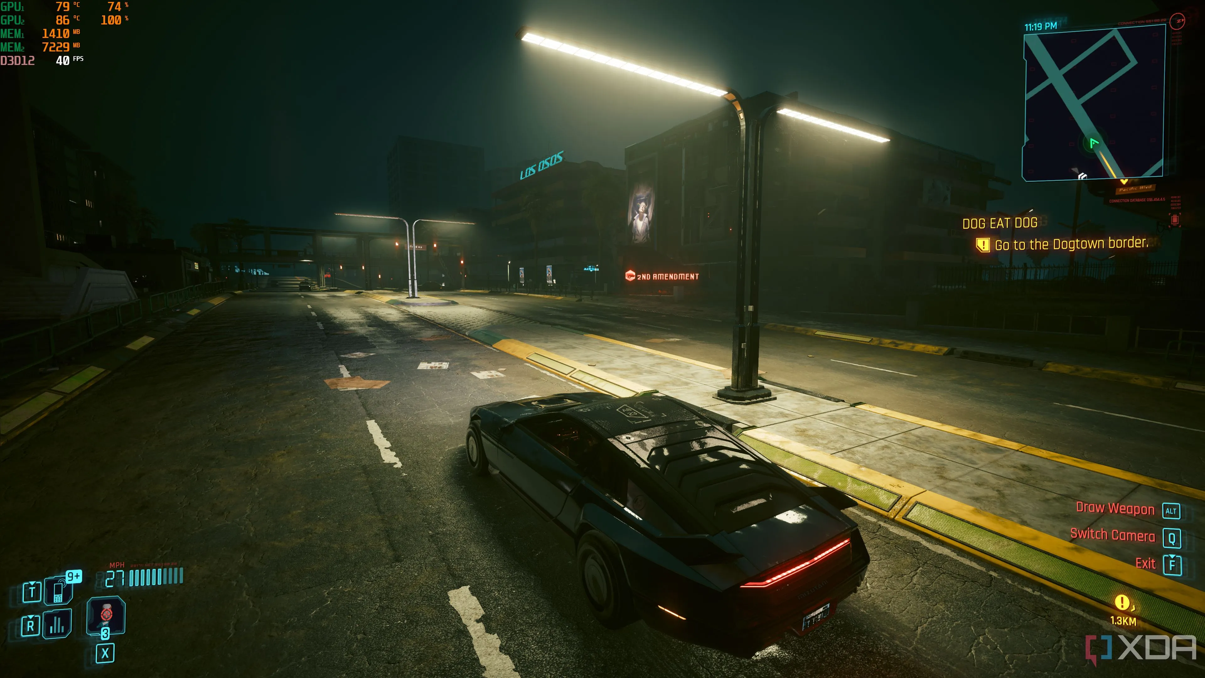 Màn hình chơi game Cyberpunk 2077 với tính năng Lossless Scaling, minh họa cho việc các tính năng đồ họa có thể bị ảnh hưởng trong tương lai