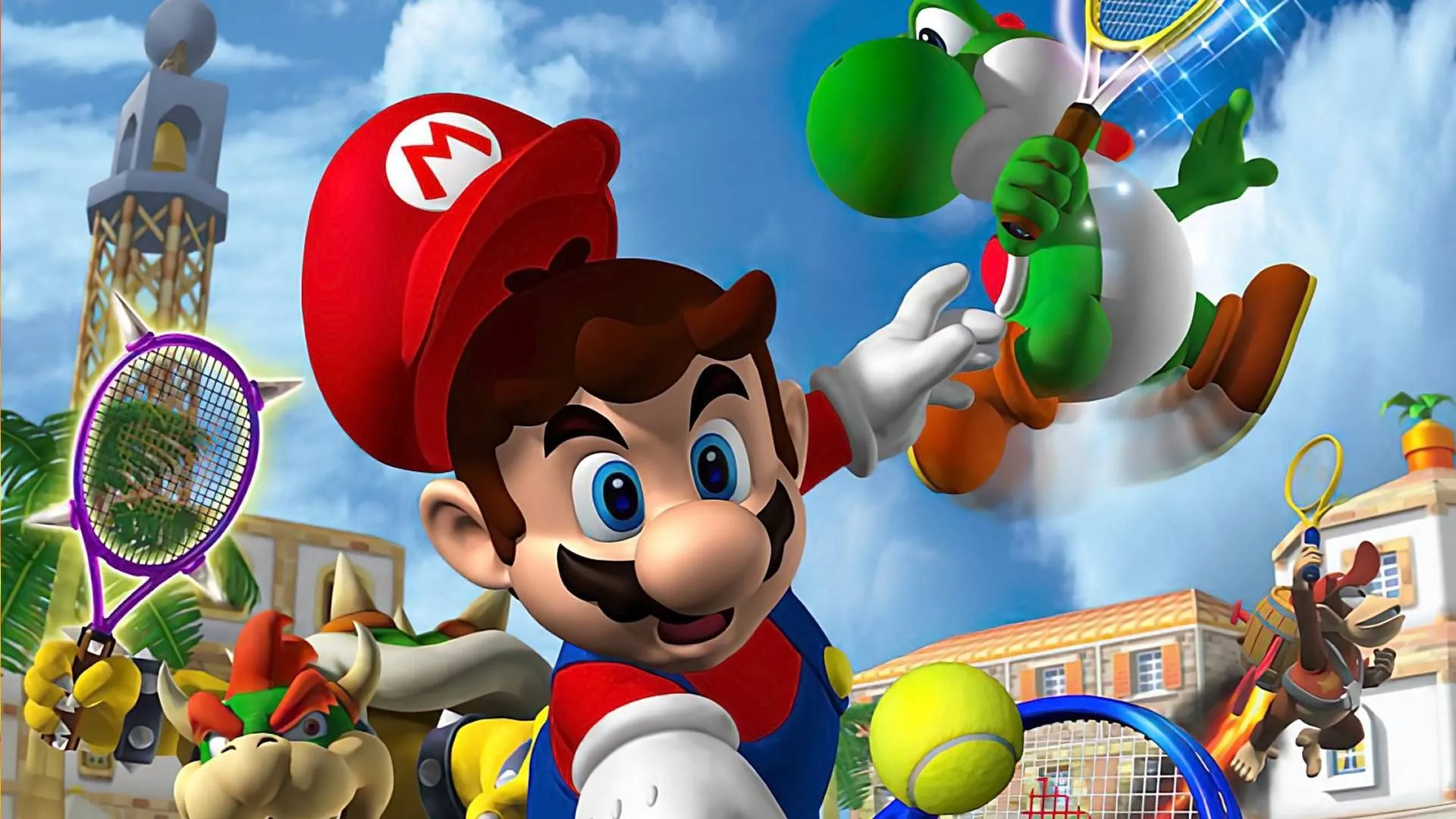 Màn hình chơi game Mario Power Tennis với Bowser, Yoshi, Diddy Kong và Mario