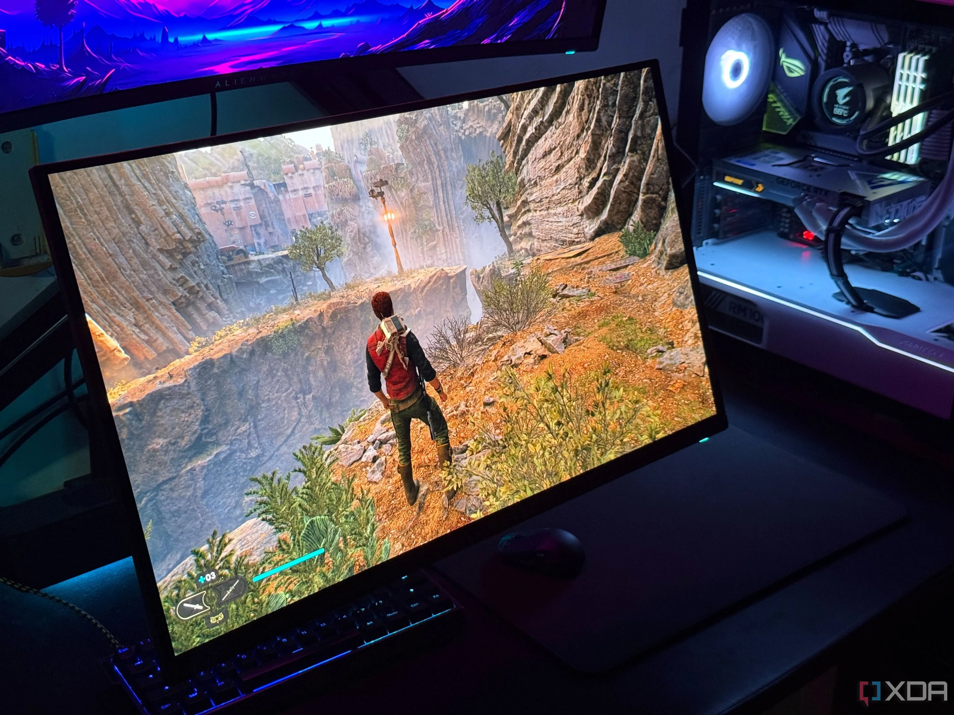 Màn hình chơi game OLED hiển thị tựa game Star Wars Jedi Survivor, tượng trưng cho việc vừa làm vừa giải trí.