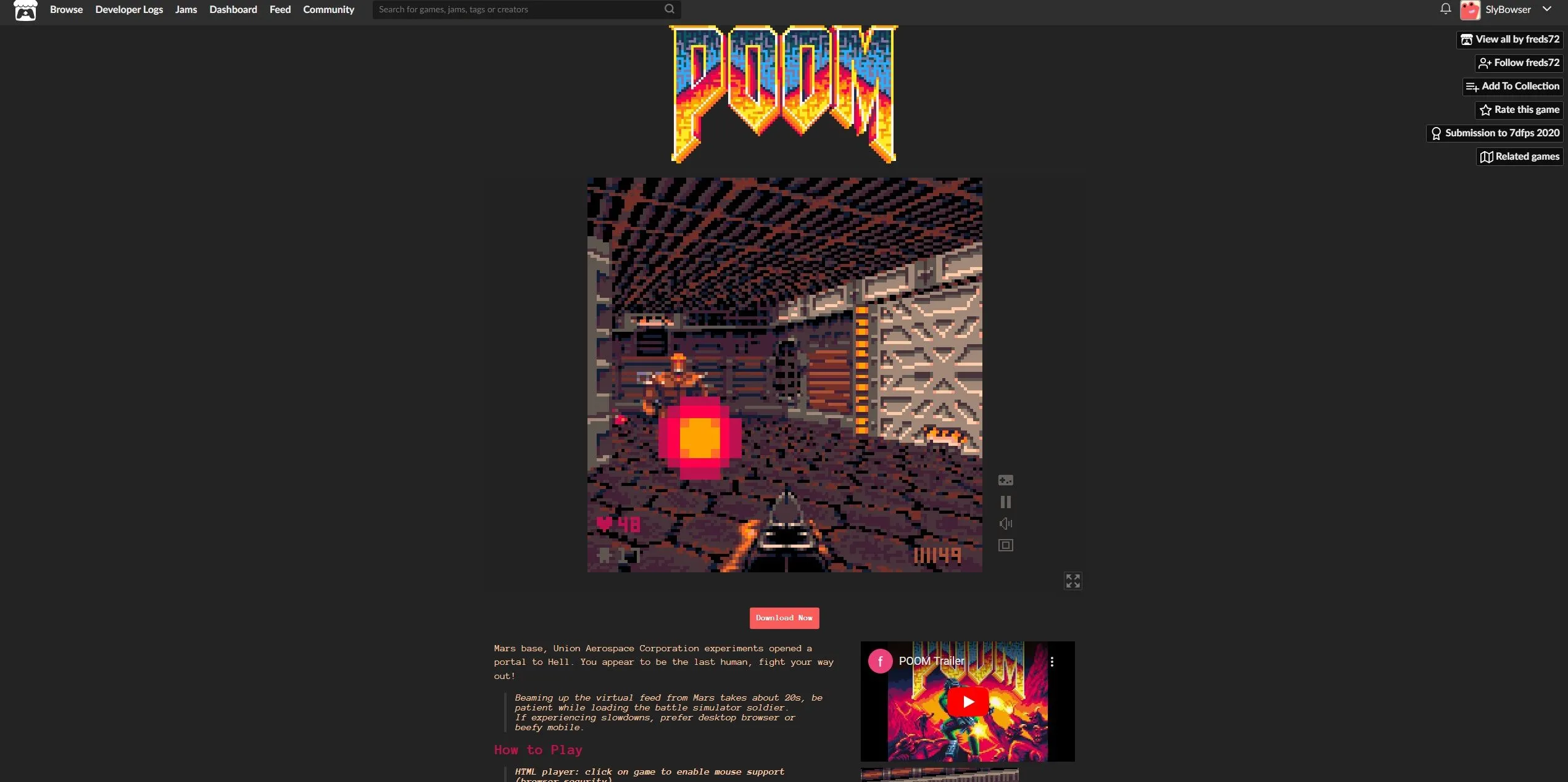 Màn hình chơi game POOM, phiên bản DOOM kiểu PICO-8 chạy trên trình duyệt web