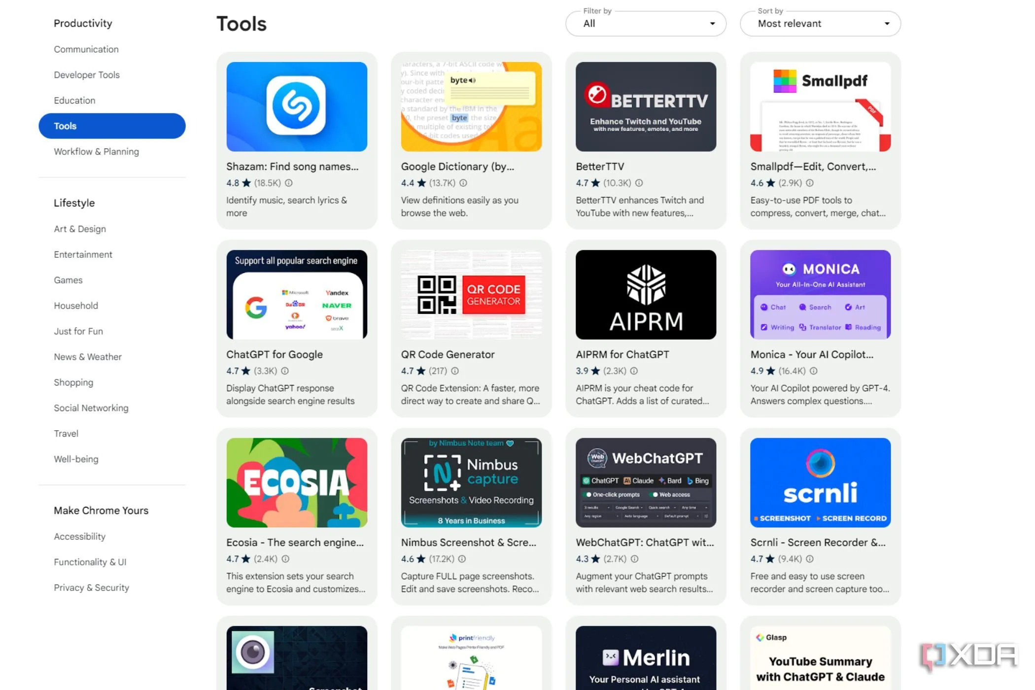 Màn hình Chrome Web Store với danh sách các tiện ích mở rộng, minh họa nguồn cài đặt nhưng cũng tiềm ẩn rủi ro nếu cài quá nhiều.