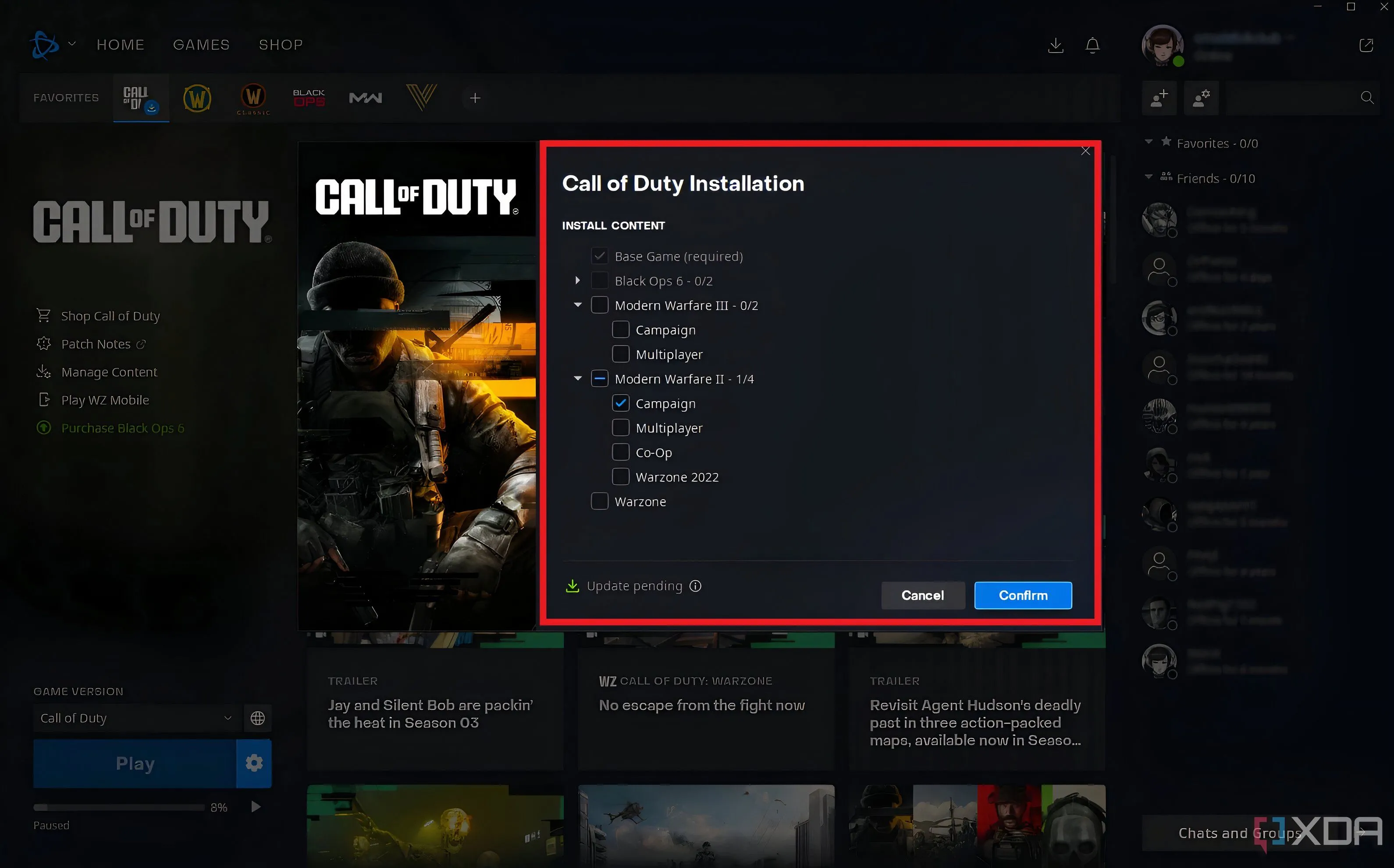 Màn hình chụp tùy chỉnh cài đặt Call of Duty trong Battle.net launcher, hiển thị các tùy chọn để chọn hoặc bỏ chọn các gói nội dung.