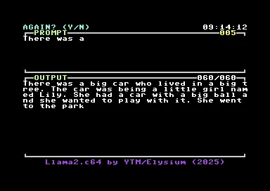 Màn hình Commodore 64 hiển thị quá trình AI Llama2.c64 tạo truyện