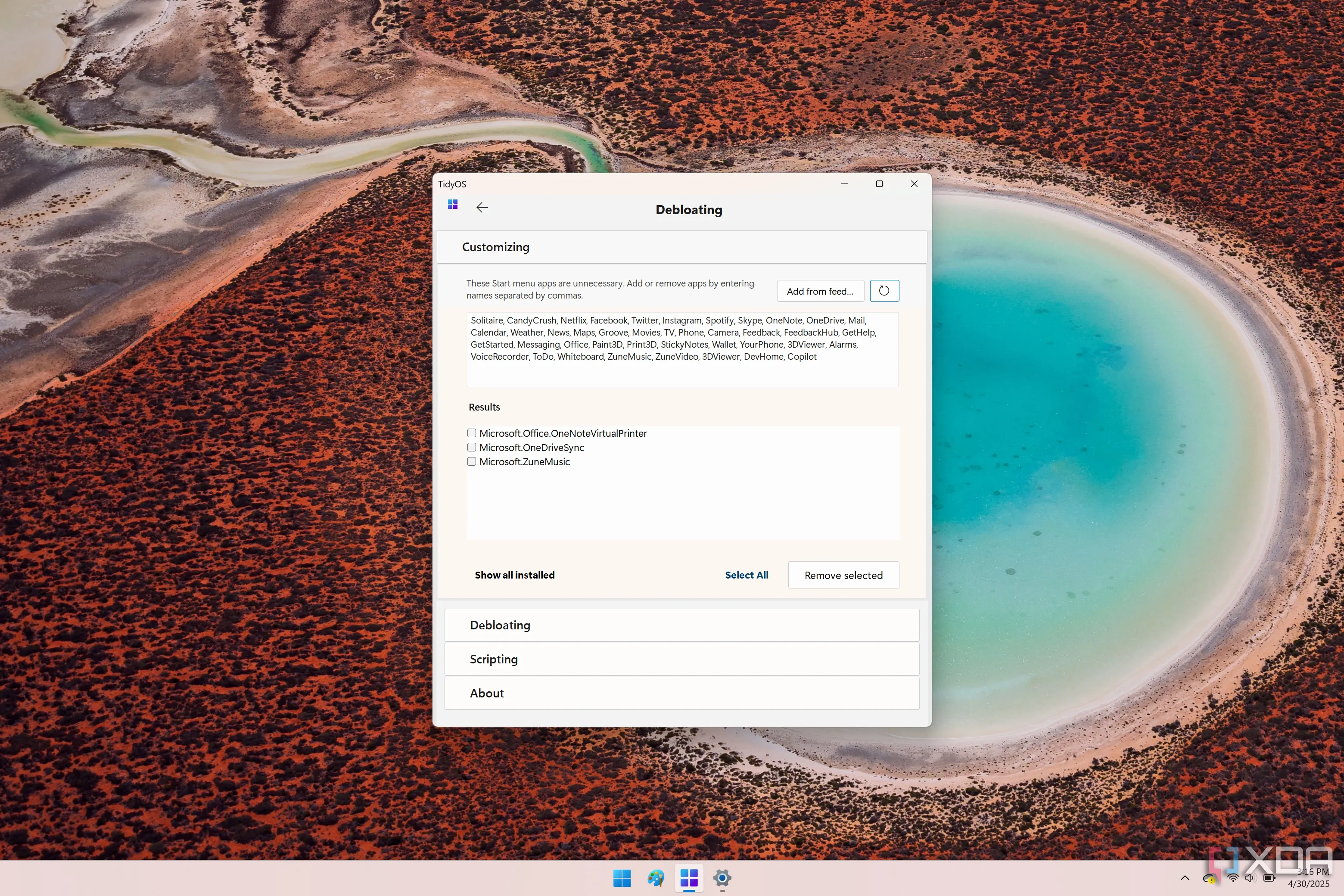 Màn hình công cụ TidyOS hiển thị mục gỡ bloatware trên Windows 11 với danh sách các ứng dụng cài sẵn có thể xóa.