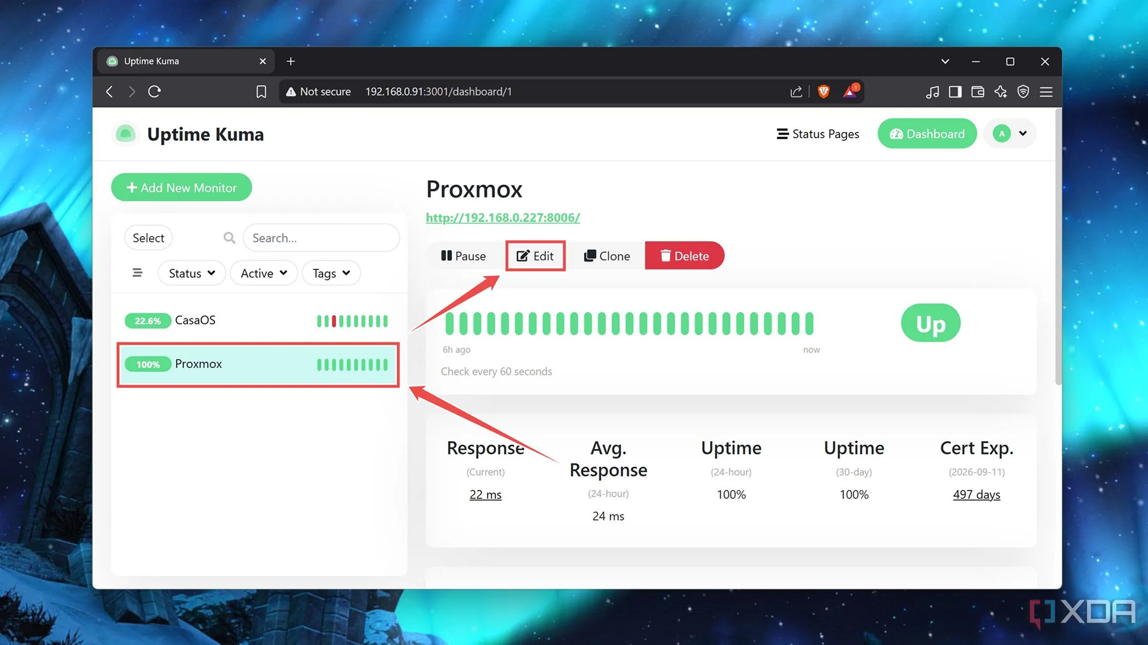 Màn hình Dashboard của Uptime Kuma hiển thị nút &quot;Edit&quot; bên dưới một dịch vụ đã được thêm vào