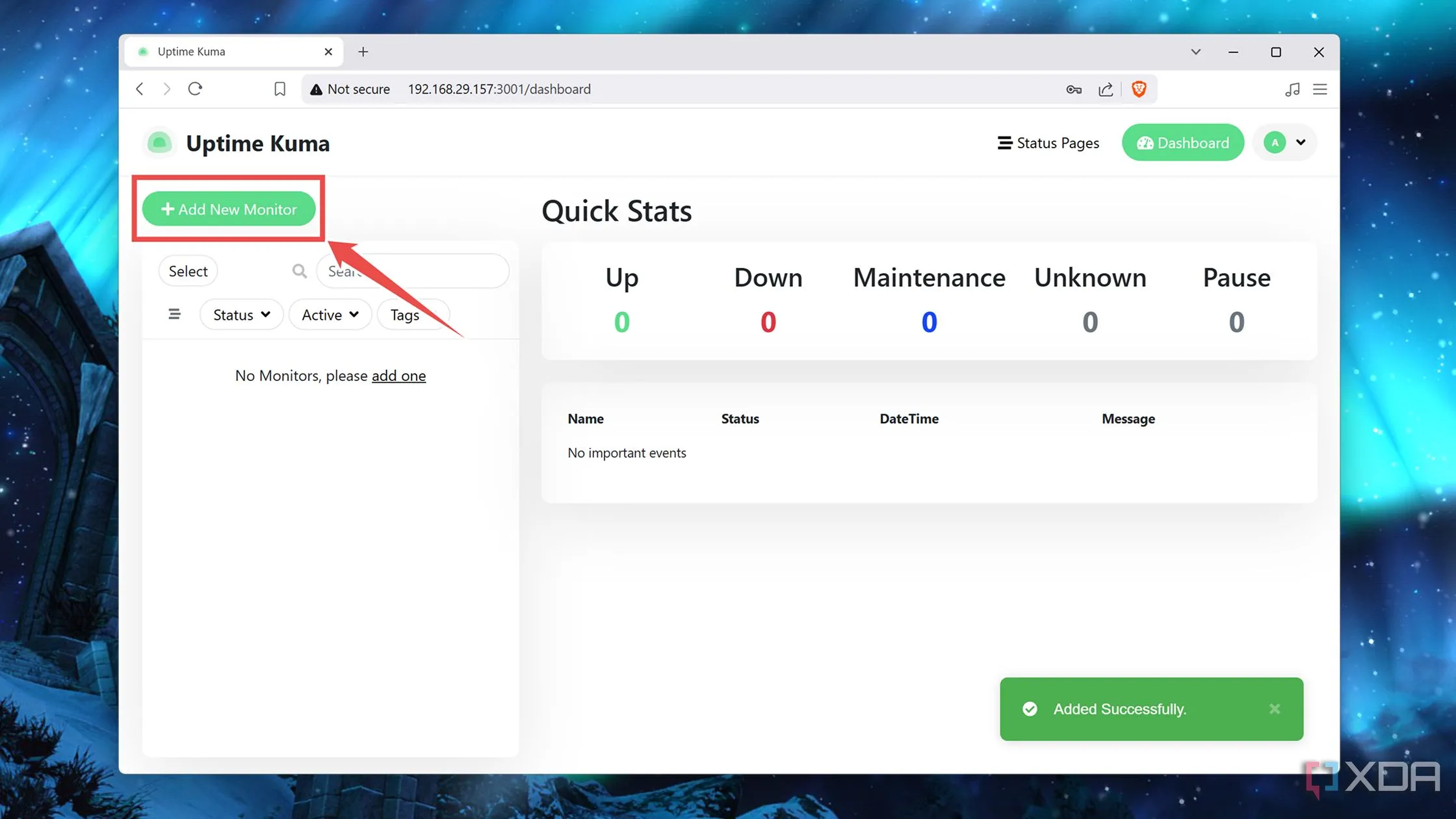 Màn hình Dashboard của Uptime Kuma với nút &quot;Add New Monitor&quot; để thêm dịch vụ giám sát