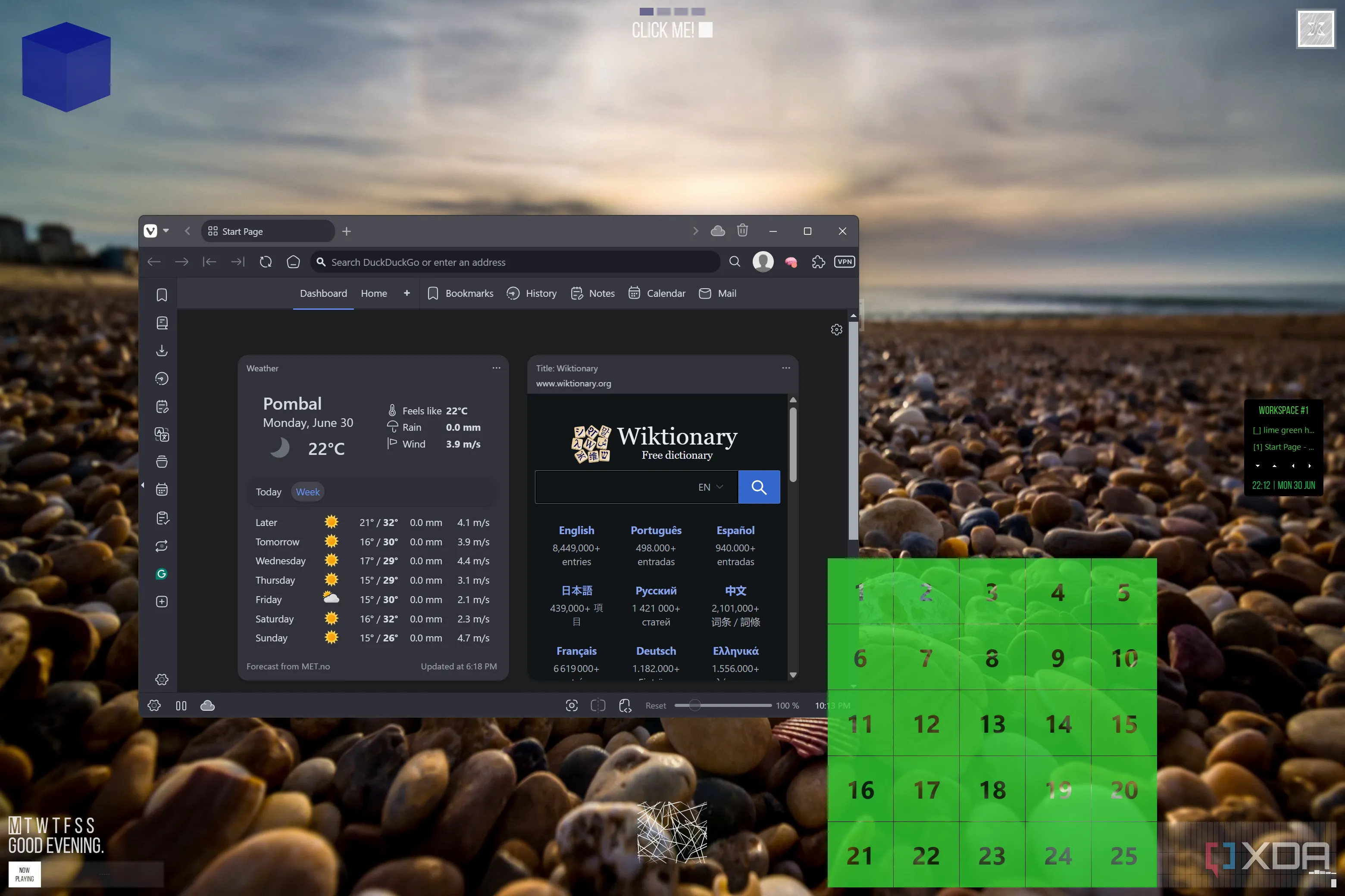 Màn hình desktop Windows 11 đã được cá nhân hóa sâu rộng bằng xoblite, hiển thị các widget và trình duyệt đang mở