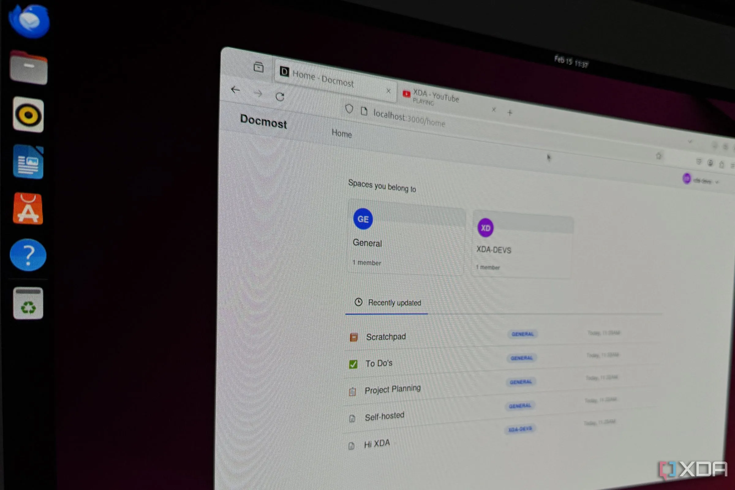Màn hình Docmost đang chạy trên Ubuntu hiển thị code và giao diện người dùng