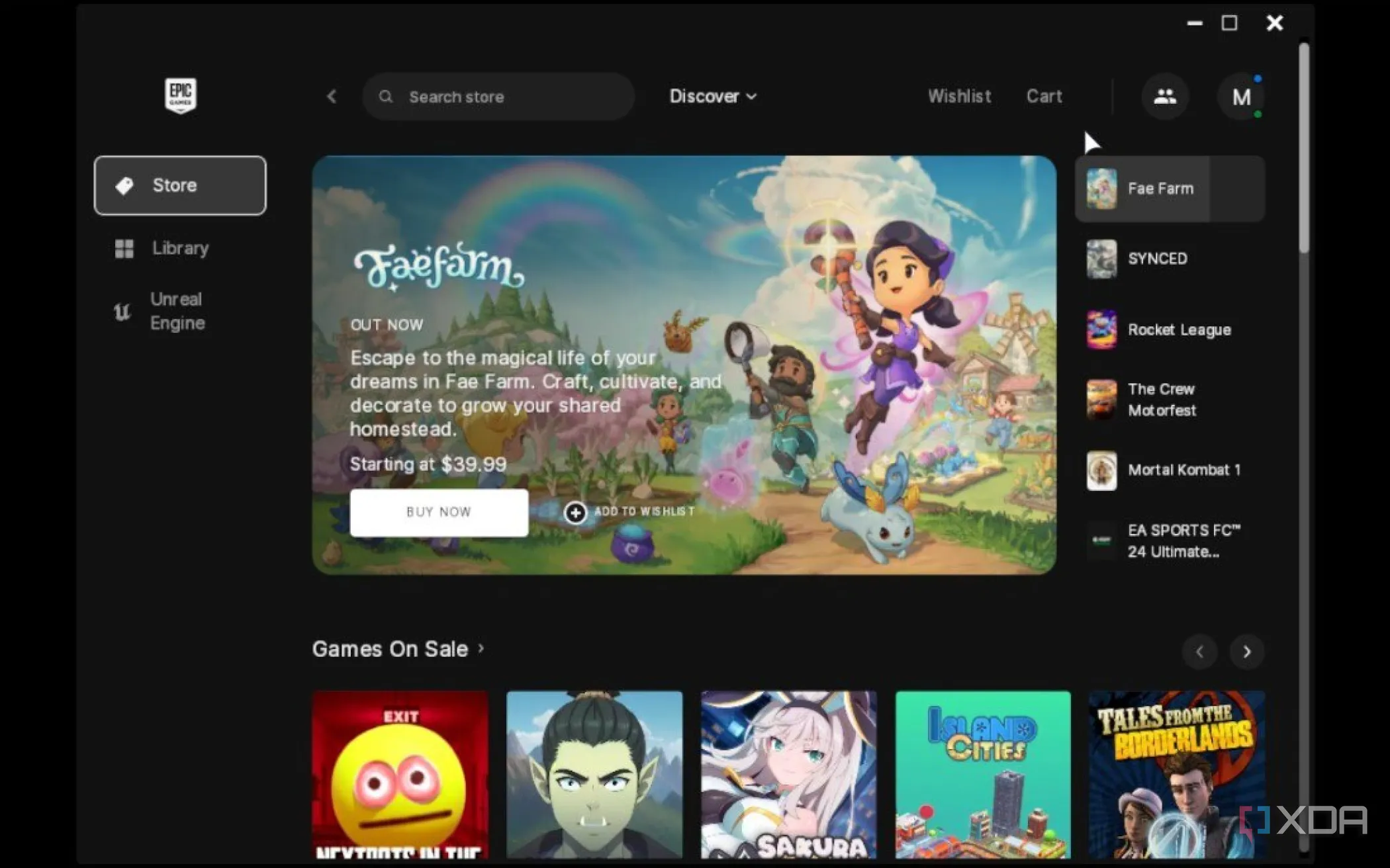 Màn hình Epic Games Launcher trên Steam Deck hiển thị tựa game Faefarm, cho thấy sự linh hoạt trong việc chơi game.