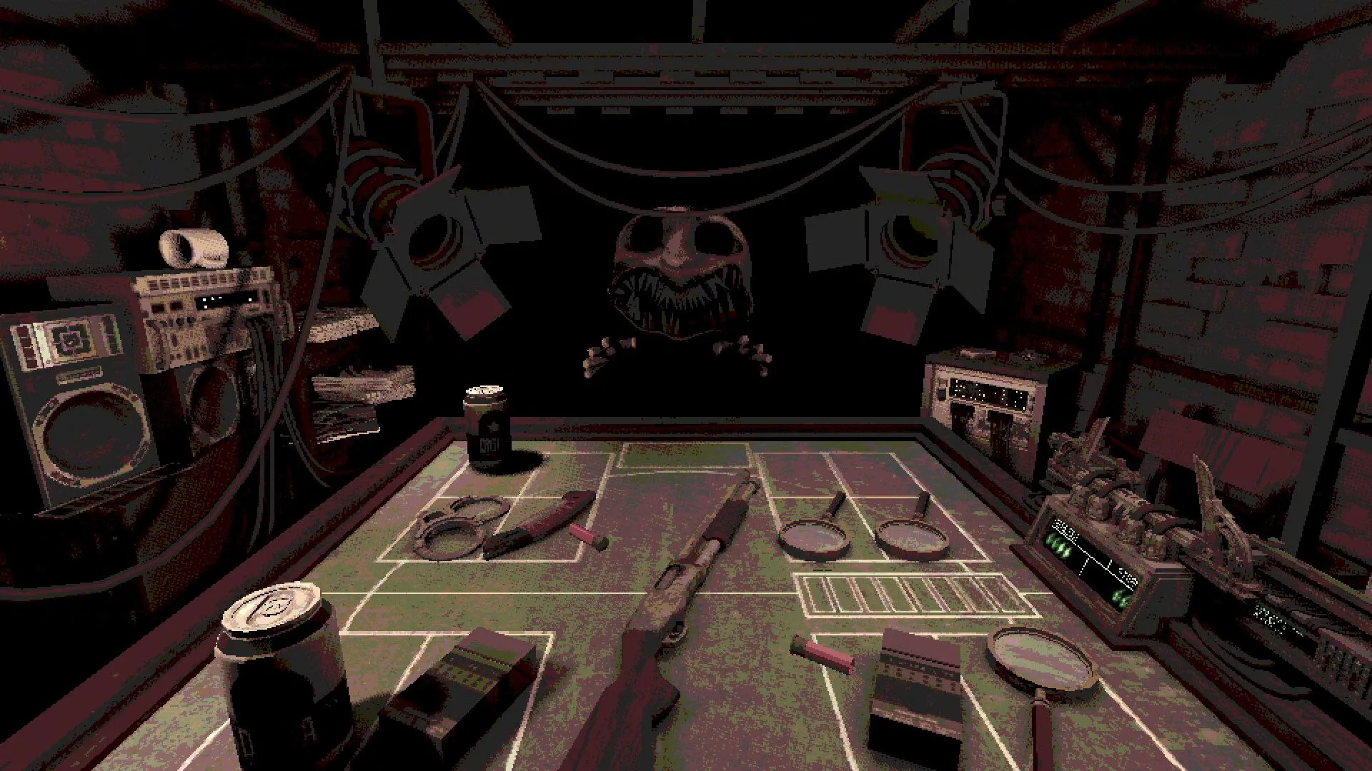 Màn hình game indie Buckshot Roulette với nhân vật đeo mặt nạ và khẩu súng shotgun, thể hiện tính độc đáo của game indie.