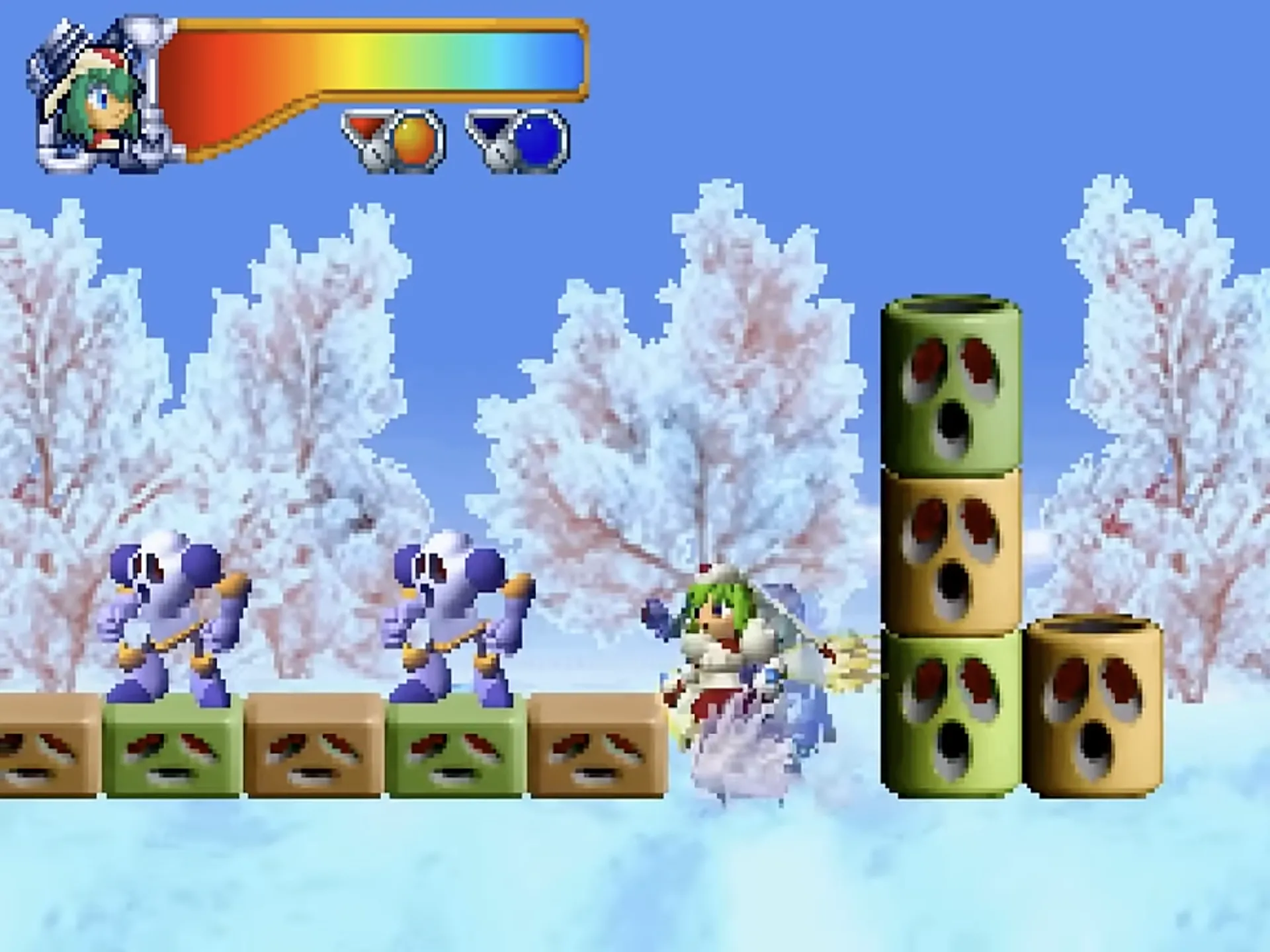 Màn hình game Mischief Makers trên Nintendo 64, game đi cảnh 2D hành động của Treasure