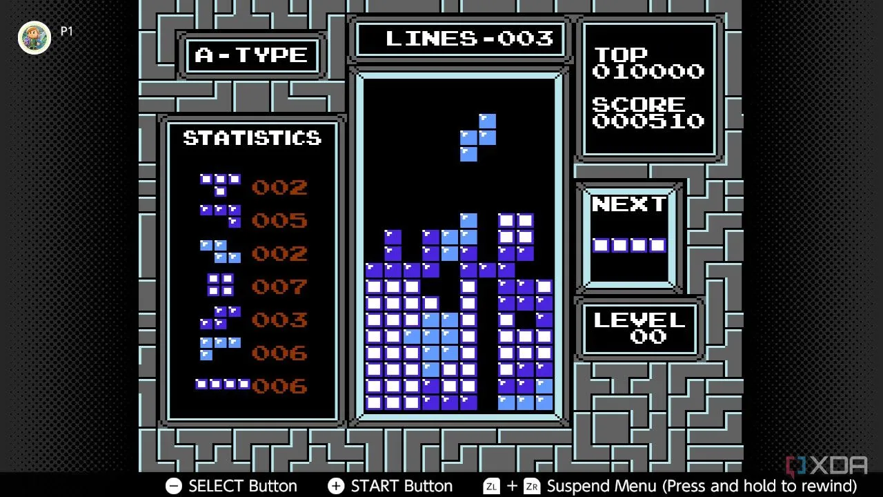 Màn hình game Tetris trên NES với các khối gạch đang rơi