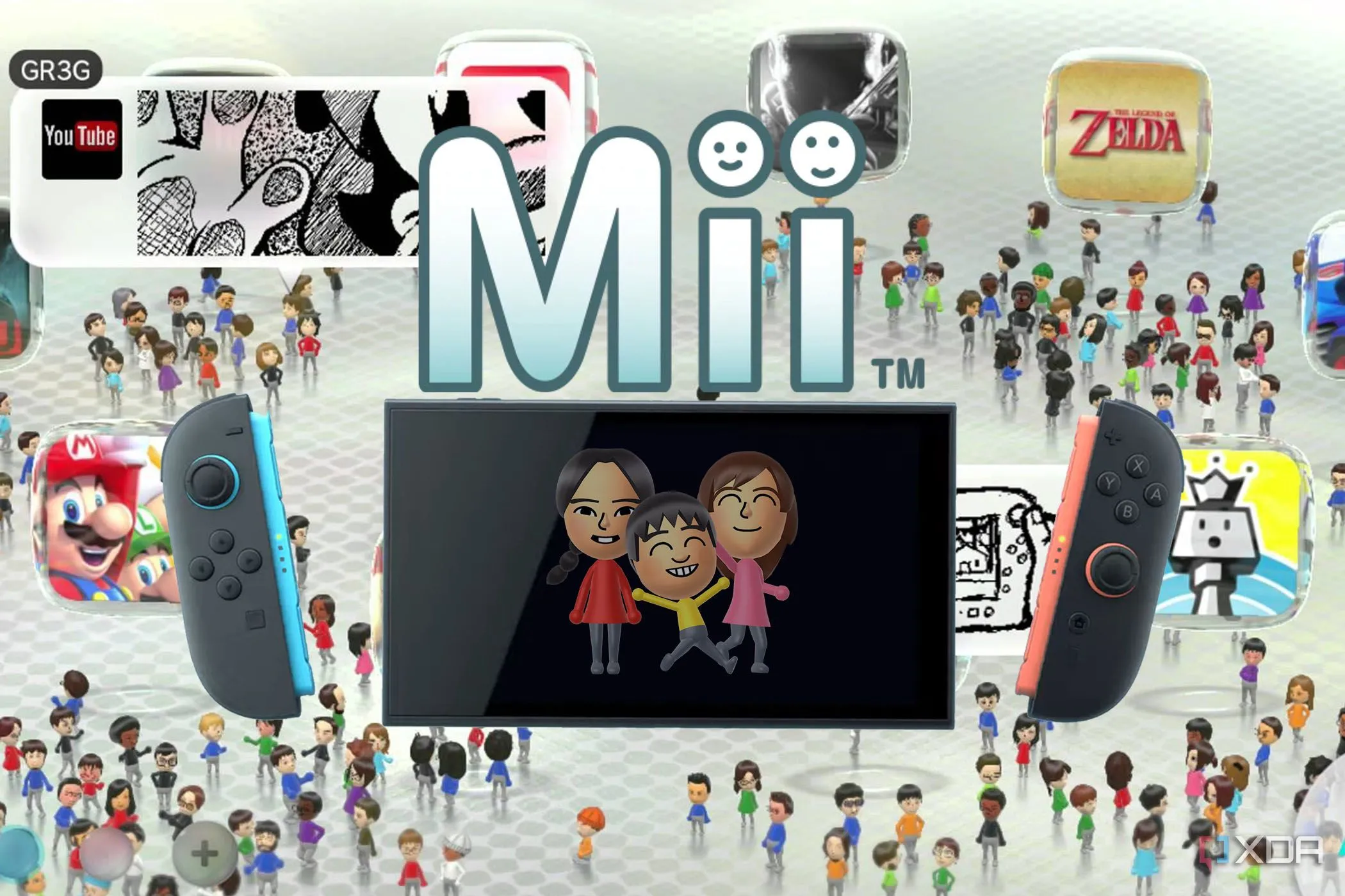 Màn hình GameChat của Nintendo Switch 2 hiển thị các Mii trong khi chơi game cùng bạn bè, minh họa tính năng camera.