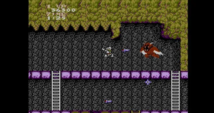 Màn hình gameplay của Ghosts 'n Goblins với Sir Arthur né tránh kẻ thù
