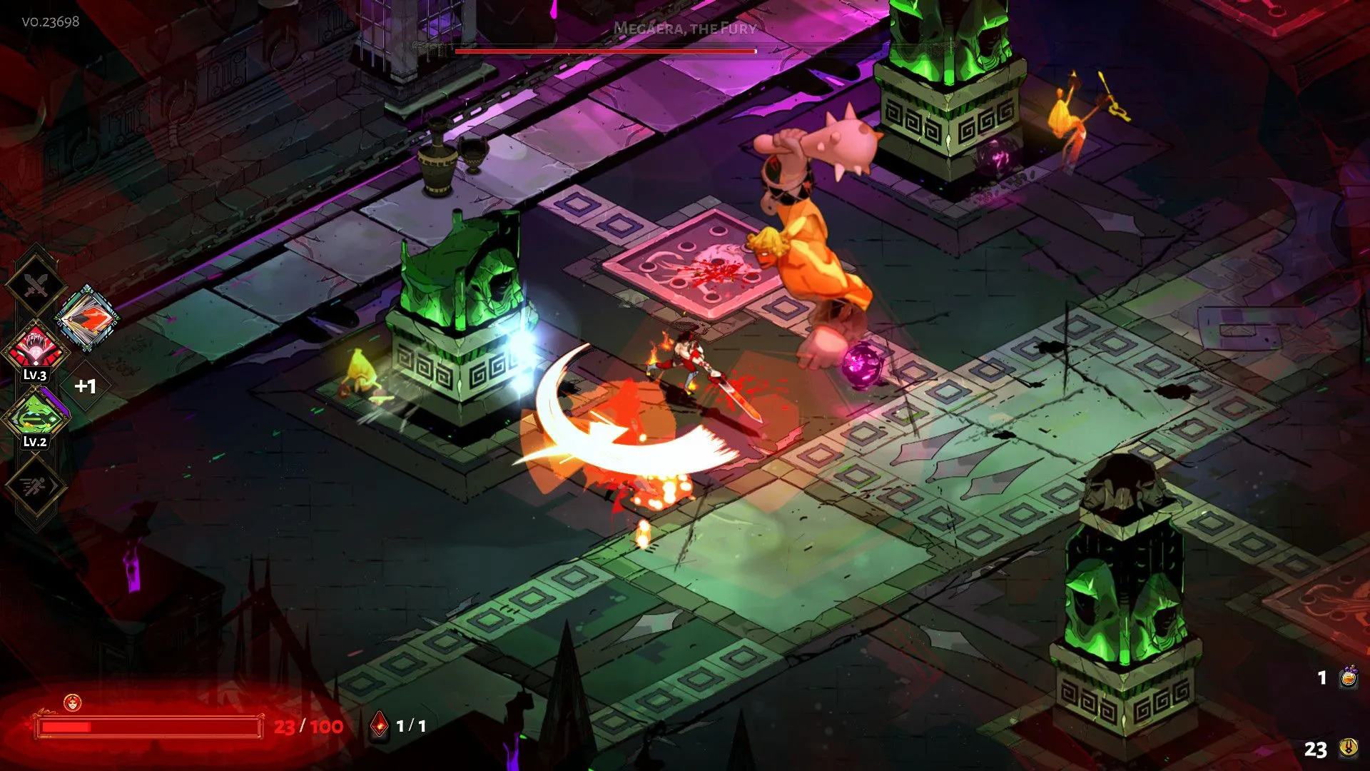 Màn hình gameplay Hades với nhân vật chính Zagreus chiến đấu trong bối cảnh Địa Ngục