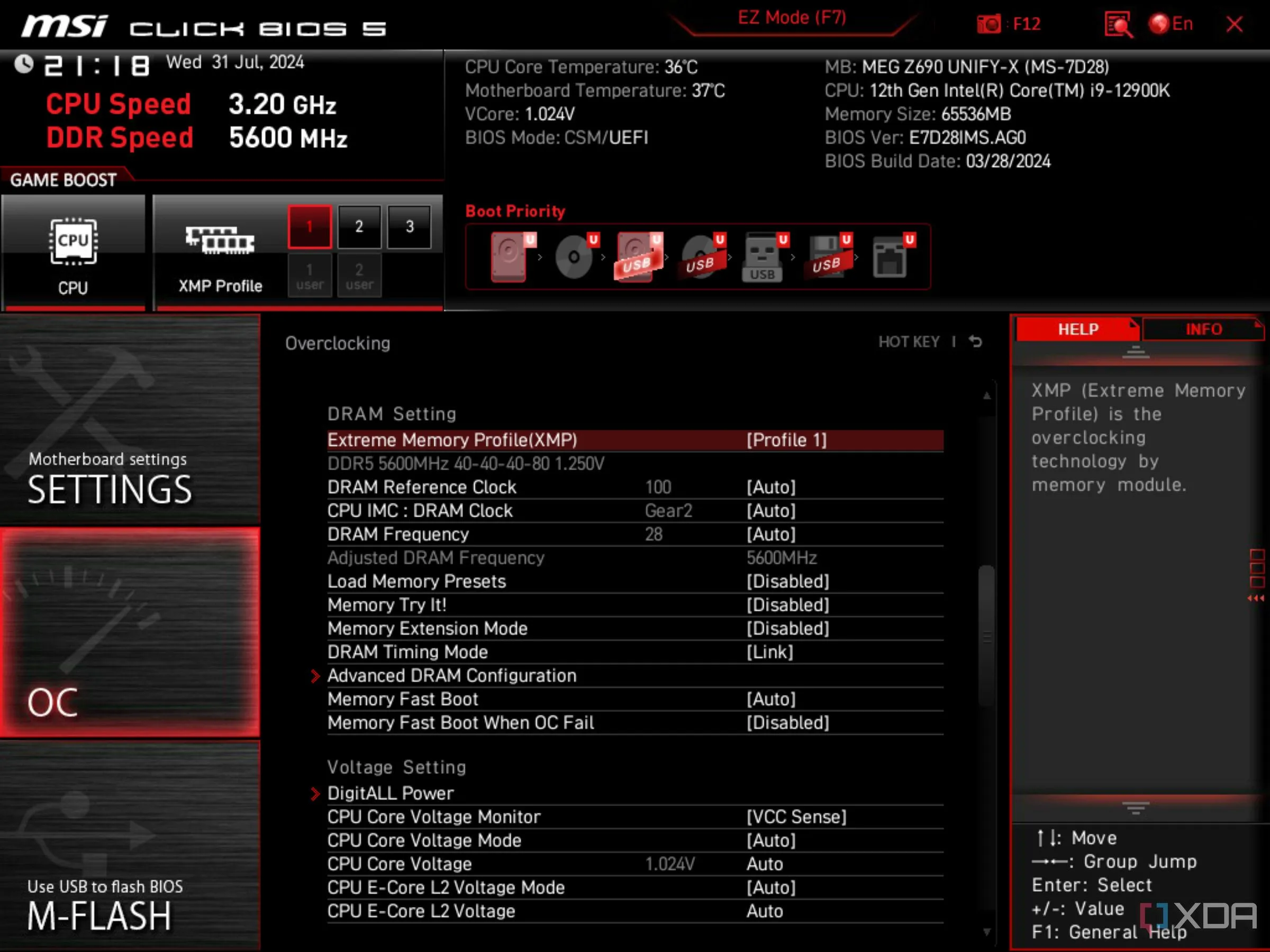 Màn hình giao diện BIOS UEFI của bo mạch chủ MSI hiển thị tùy chọn Intel XMP đã được kích hoạt, tối ưu tốc độ RAM