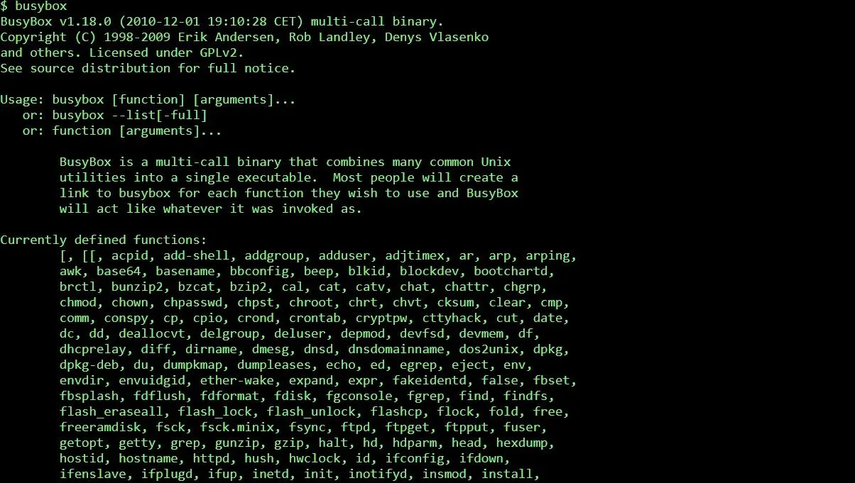 Màn hình giao diện dòng lệnh hiển thị BusyBox với các lệnh Unix cơ bản