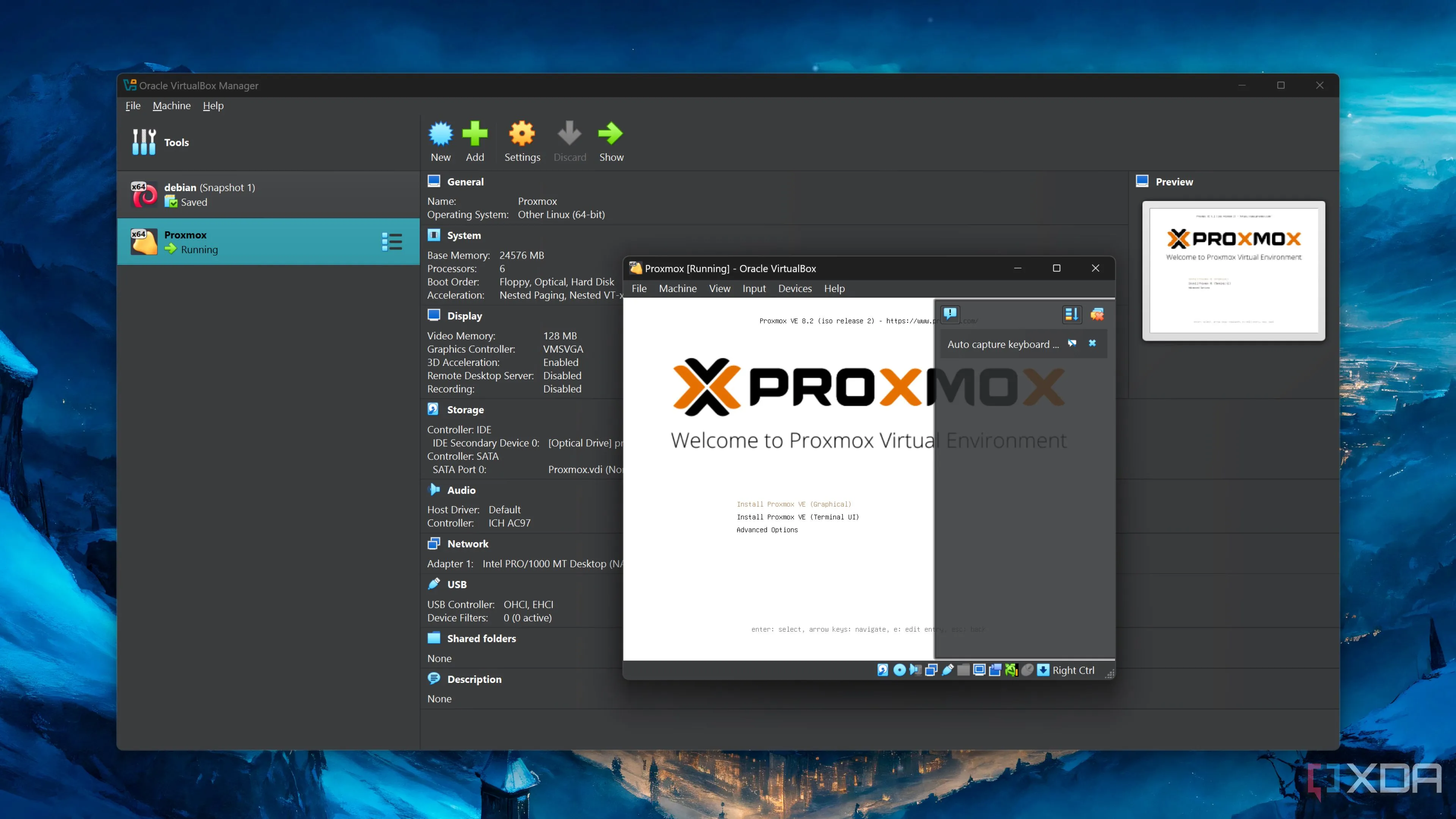 Màn hình giao diện VirtualBox đang chạy một máy ảo Proxmox, minh họa khả năng tạo máy ảo trên Windows Home