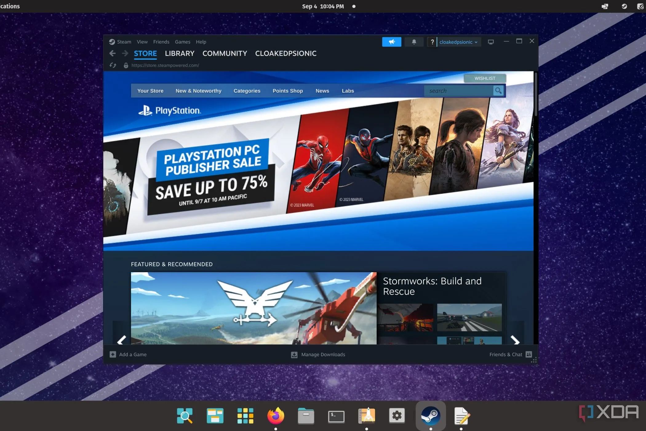 Màn hình hệ điều hành Pop!_OS đang chạy ứng dụng Steam, minh họa khả năng chơi game trên Linux
