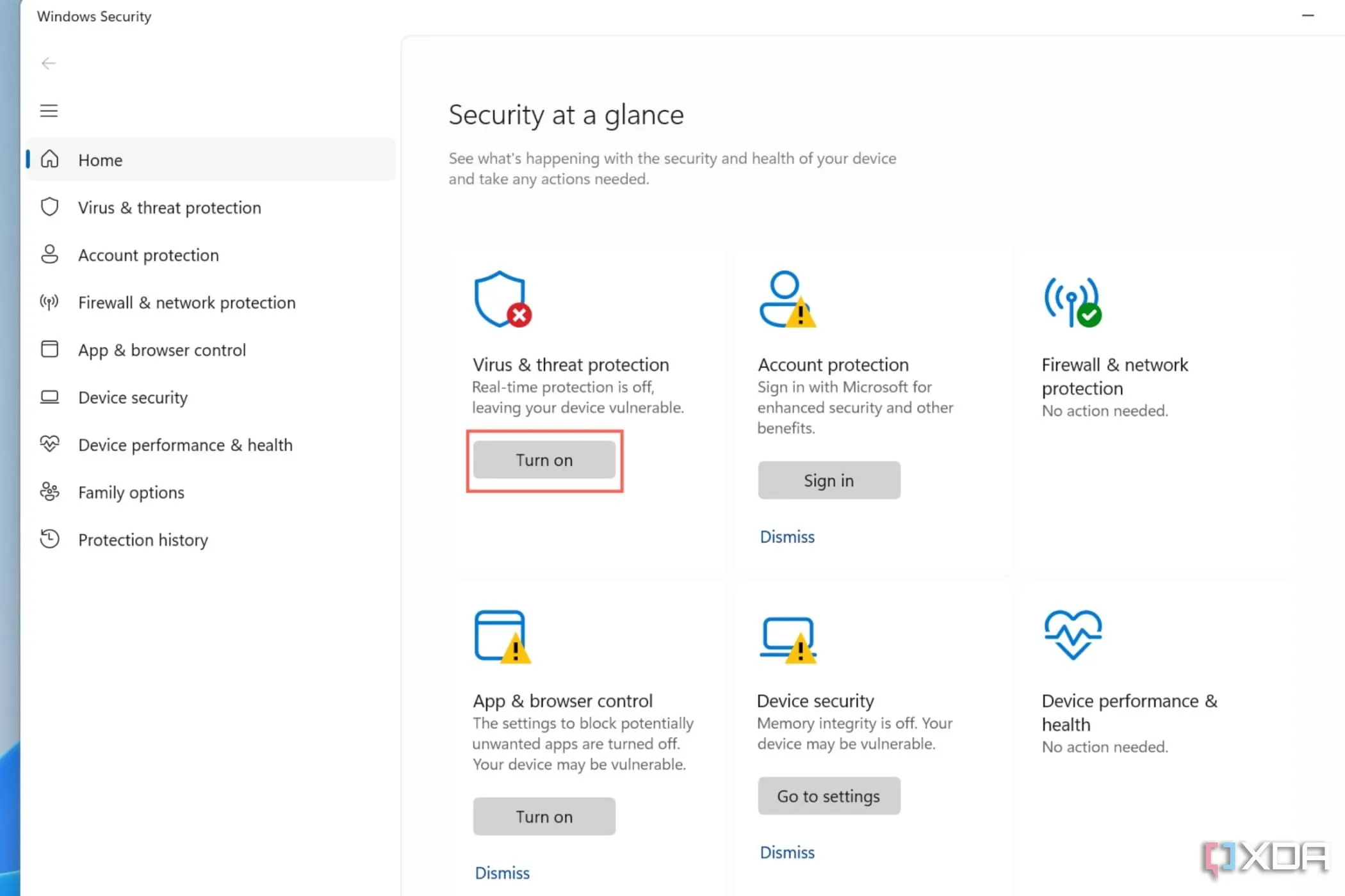 Màn hình hiển thị các bước để bật Windows Defender, một phần của ứng dụng Bảo mật Windows
