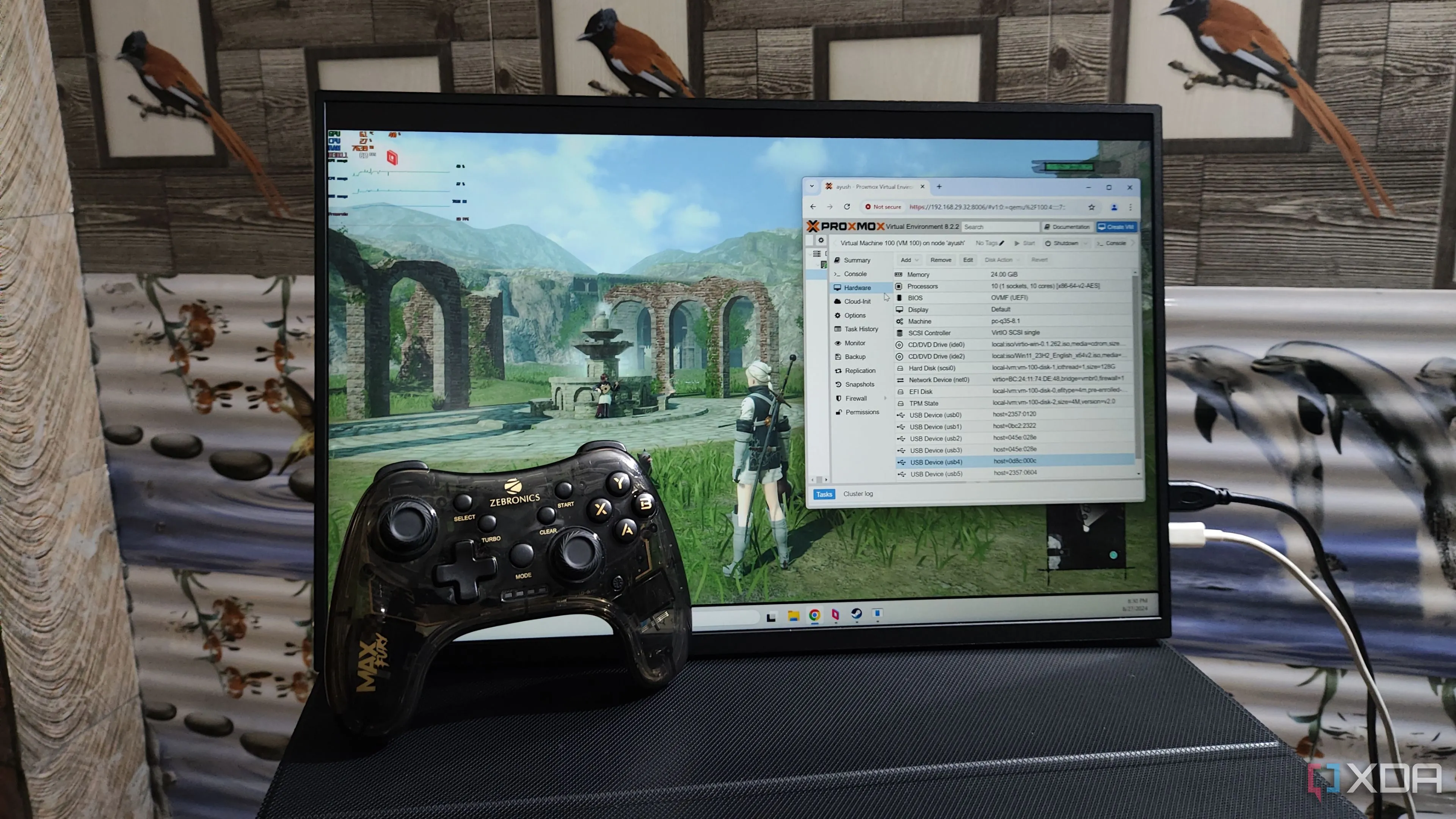 Màn hình hiển thị game Nier Replicant đang chạy trên máy ảo Windows 11 Proxmox và được stream đến một PC client bằng Parsec, minh họa ứng dụng của Parsec trong môi trường máy ảo