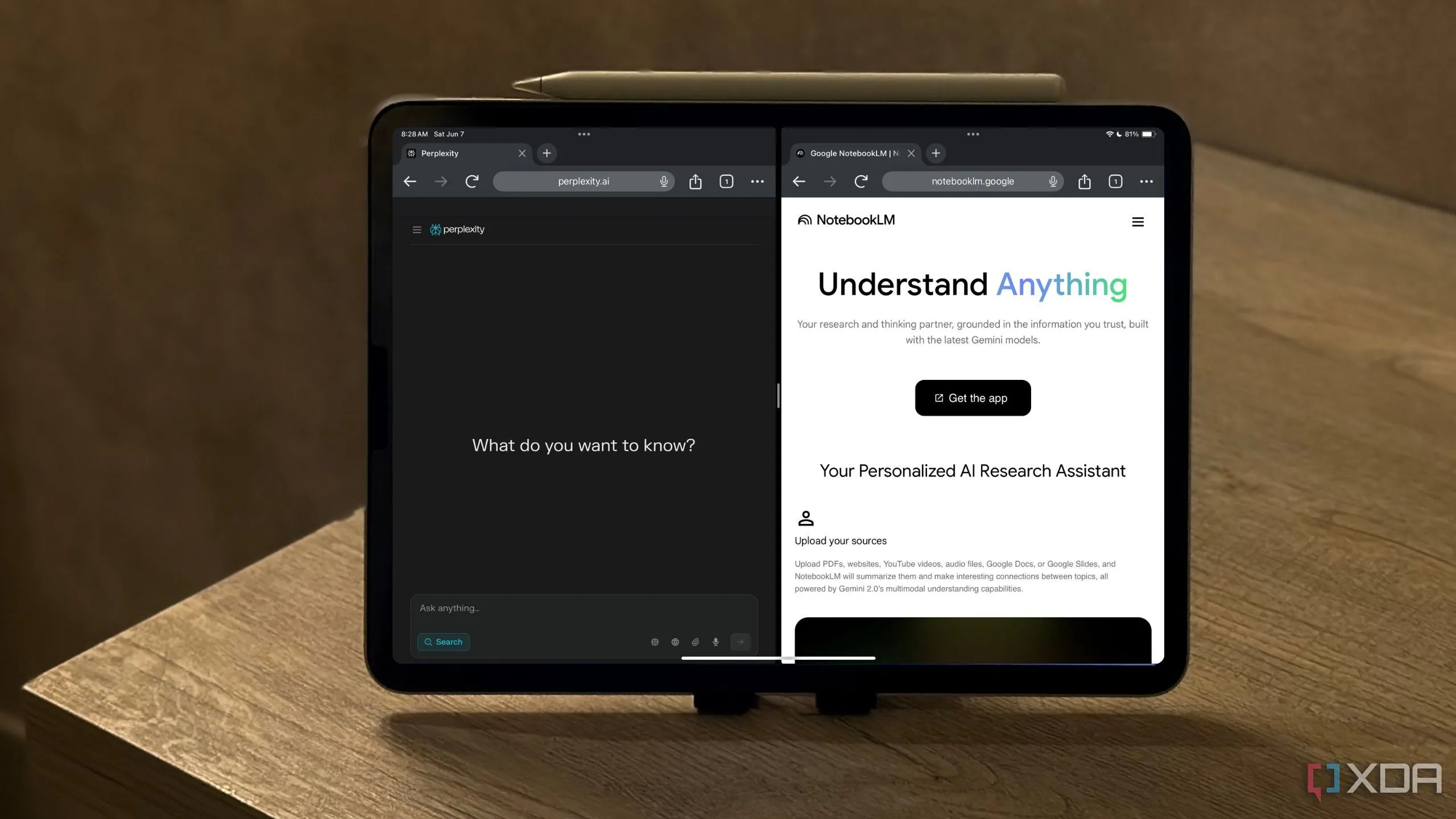 Màn hình hiển thị website NotebookLM và Perplexity, gợi ý sự kết hợp giữa các công cụ AI trong nghiên cứu và học tập.