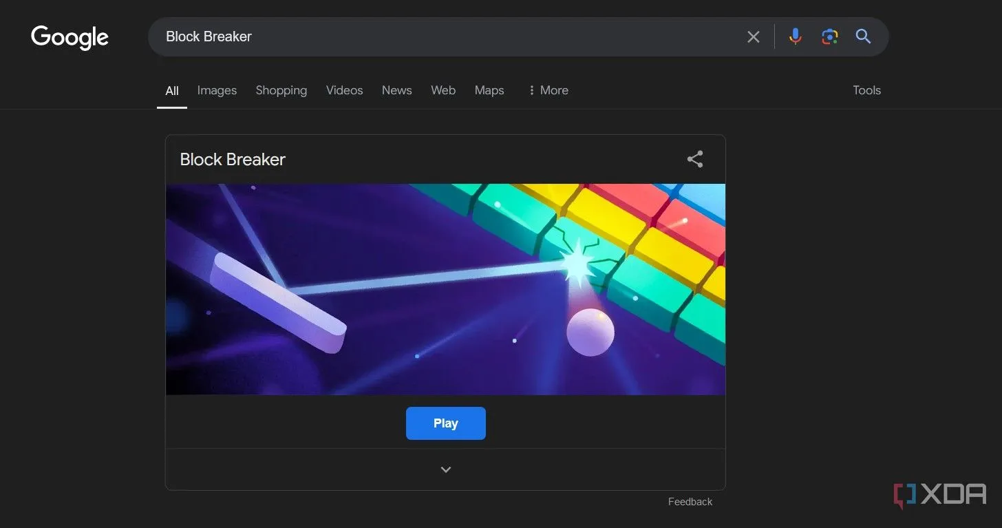 Màn hình kết quả tìm kiếm Google khi tìm 'Block Breaker' hiển thị game để chơi