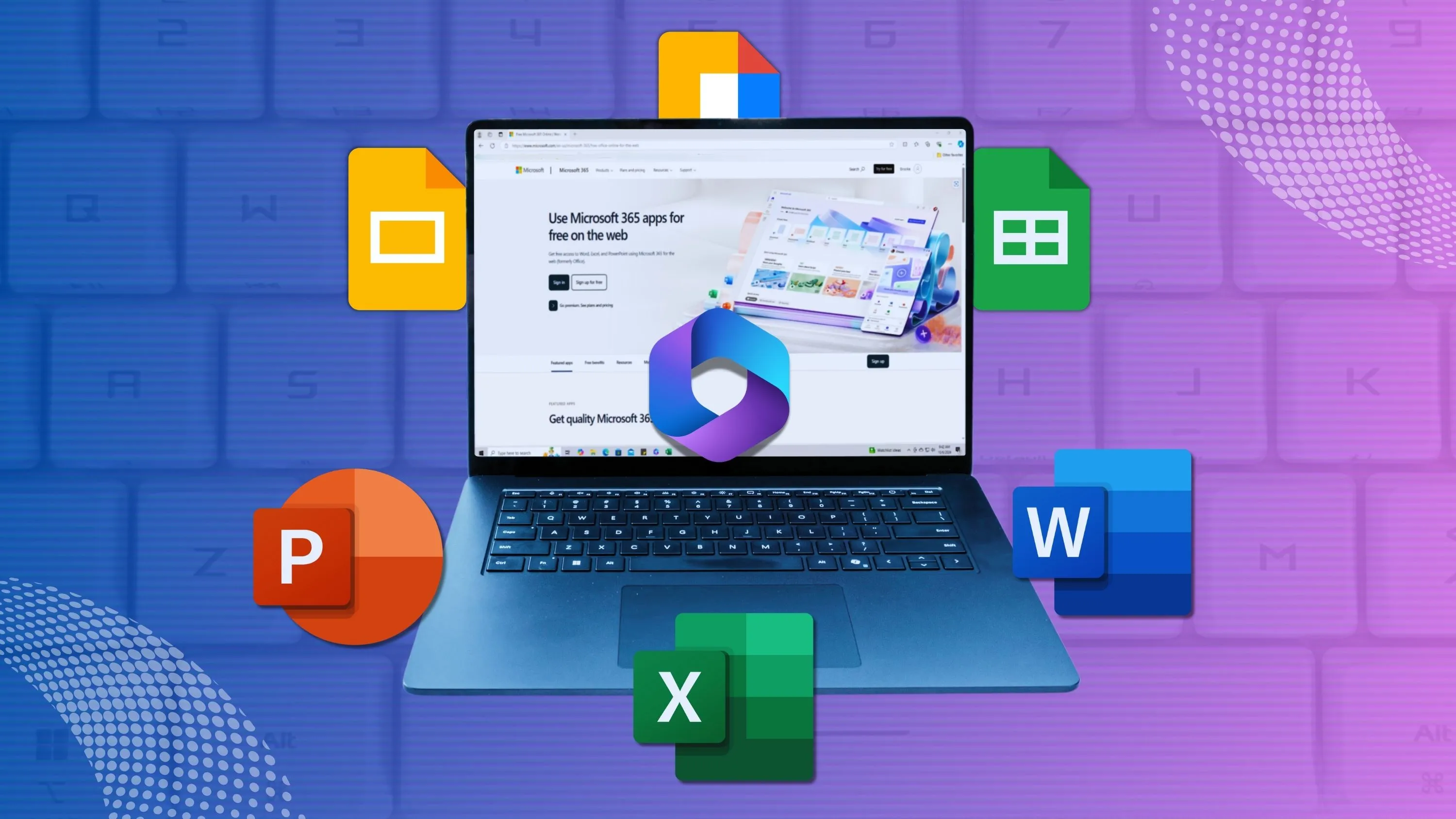 Màn hình laptop hiển thị trang chủ Microsoft 365 cùng các biểu tượng ứng dụng Office và Google Docs