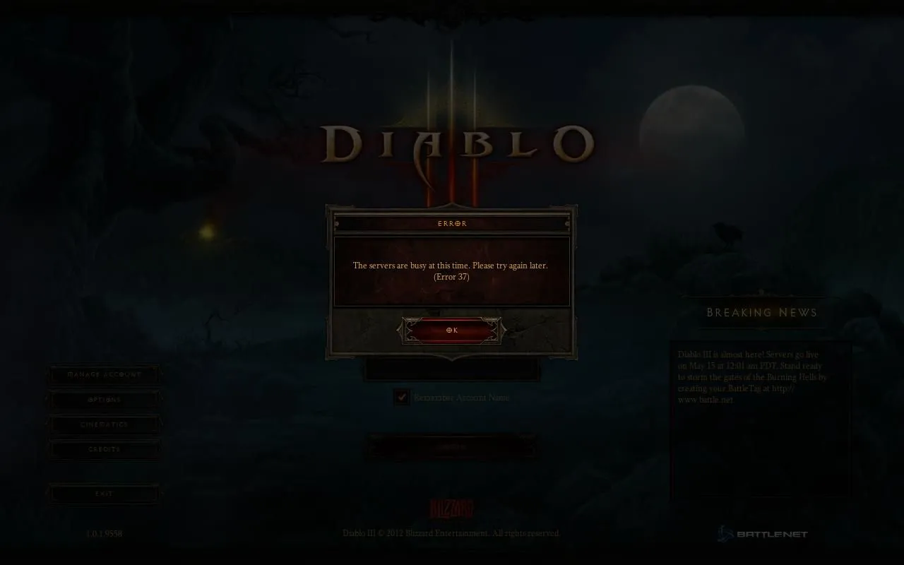 Màn hình lỗi "Error 37" của Diablo III cho thấy thông báo máy chủ bận, biểu tượng người chơi không thể truy cập game